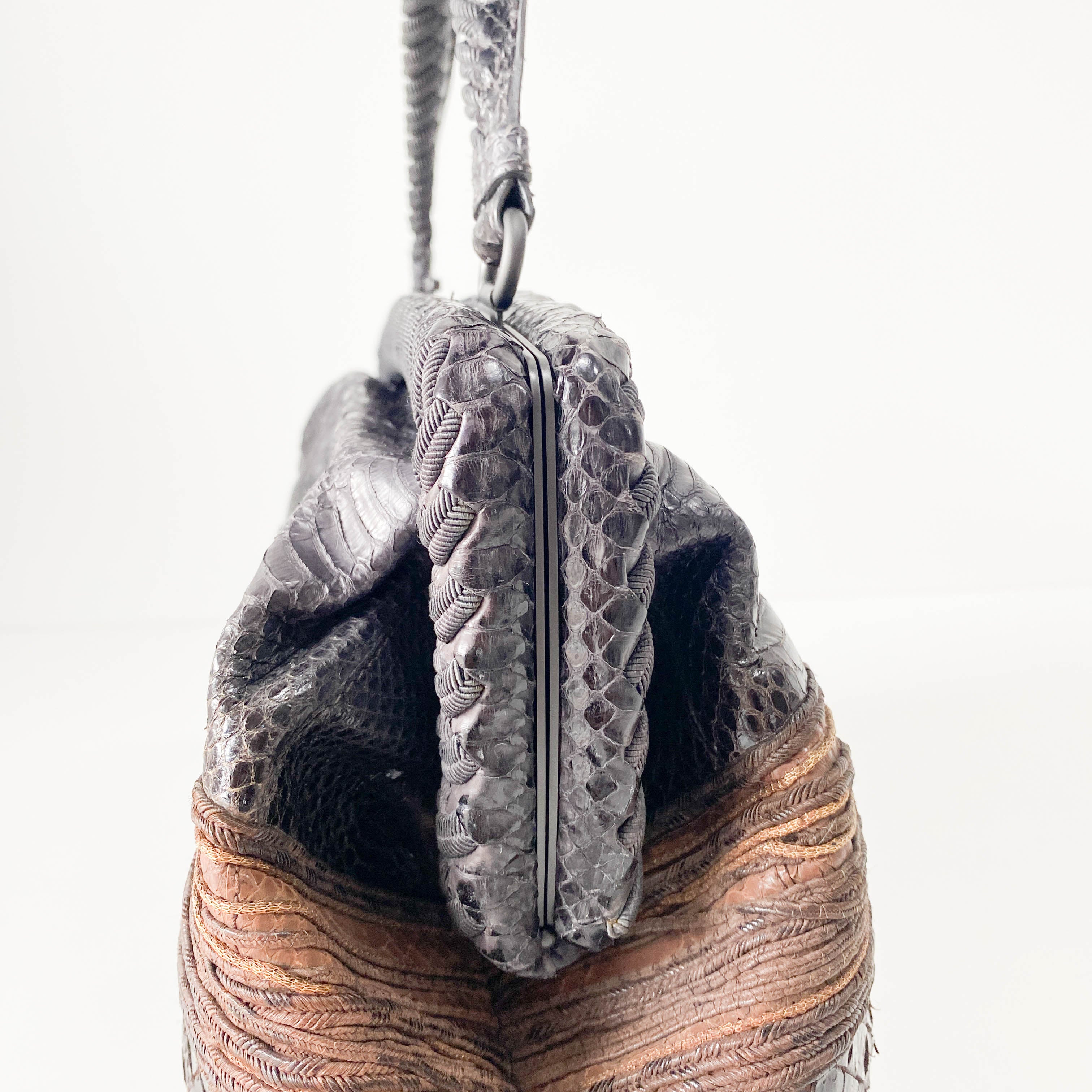 Brown Python Embossed Intrecciato Clasp Bag