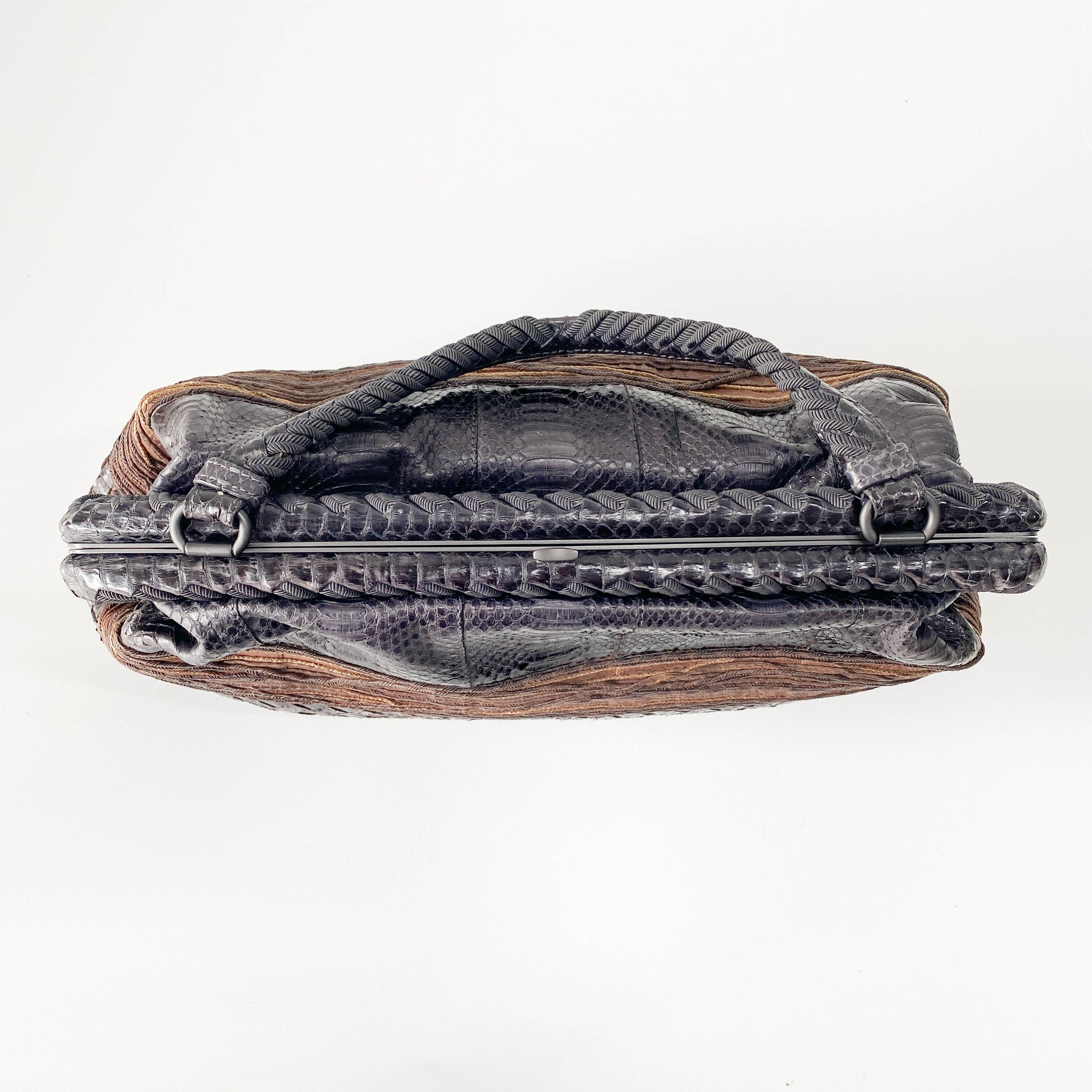 Brown Python Embossed Intrecciato Clasp Bag