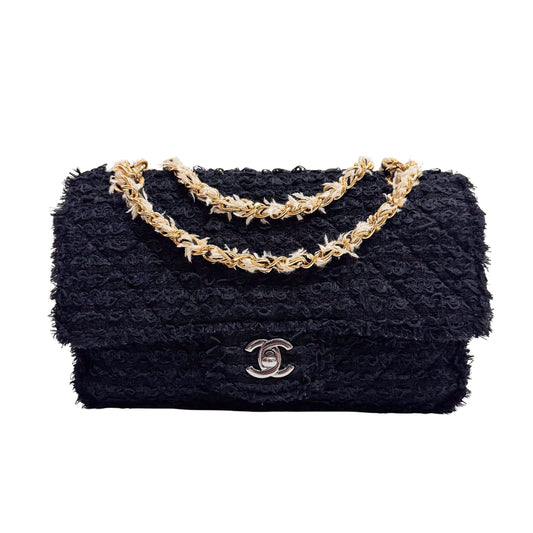 Timeless Classic Flap Black Tweed Matelasse Shoulder Bag