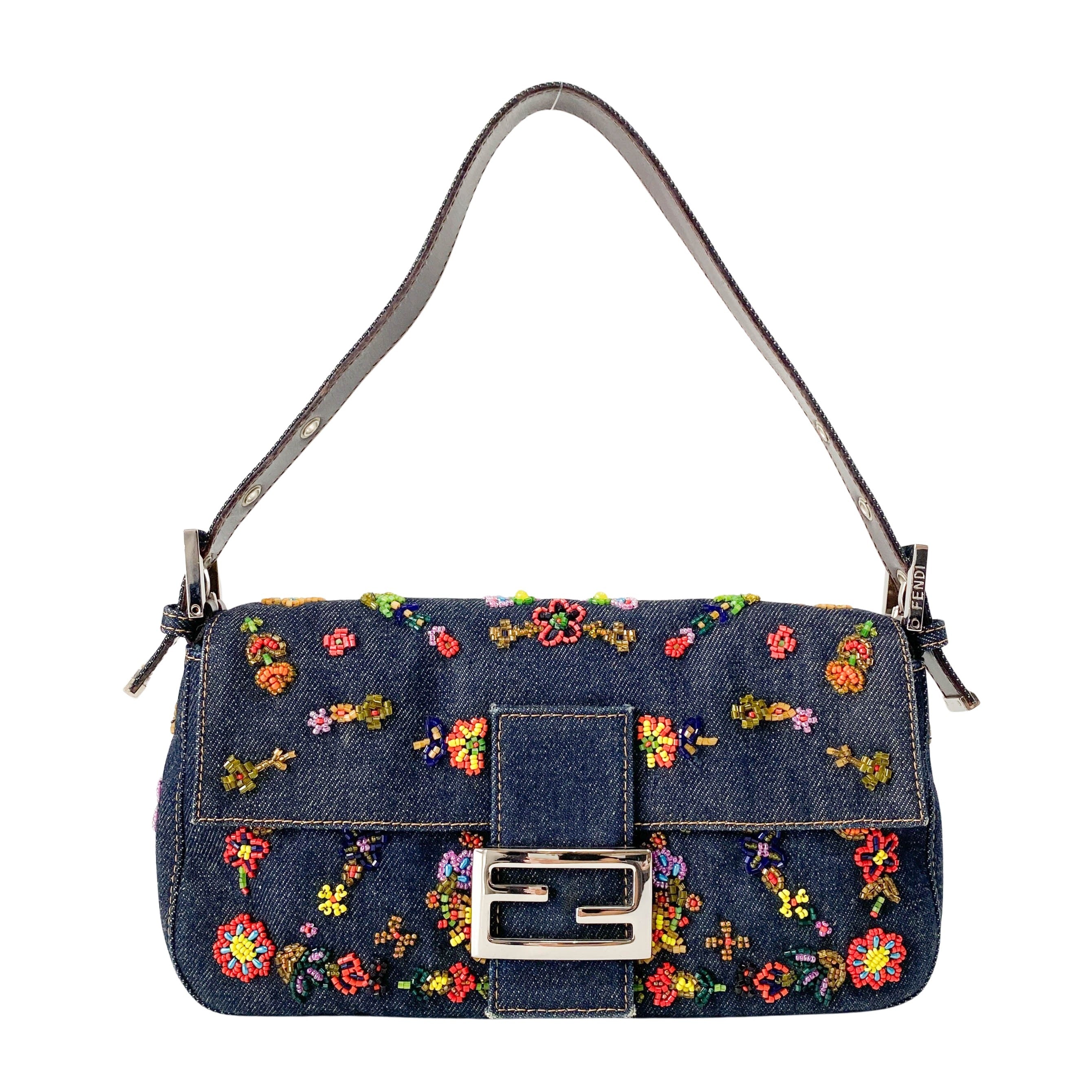 Baguette Blue Denim Beaded Shoulder Bag