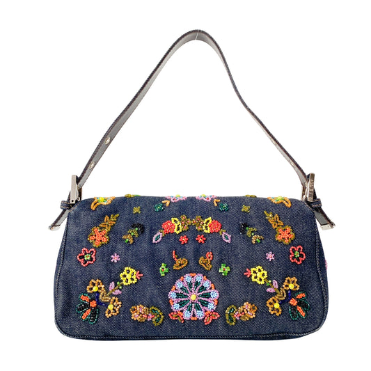 Baguette Blue Denim Beaded Shoulder Bag