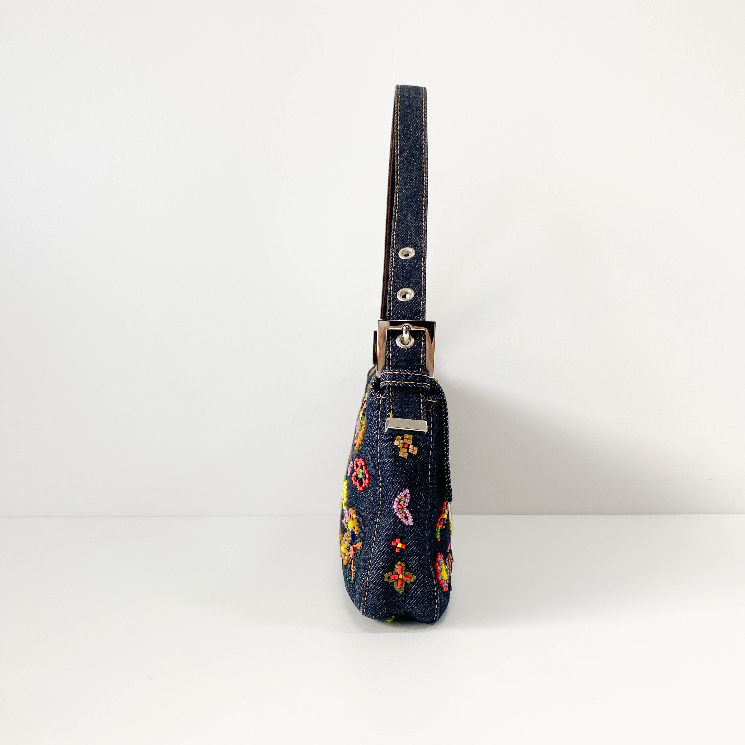 Baguette Blue Denim Beaded Shoulder Bag