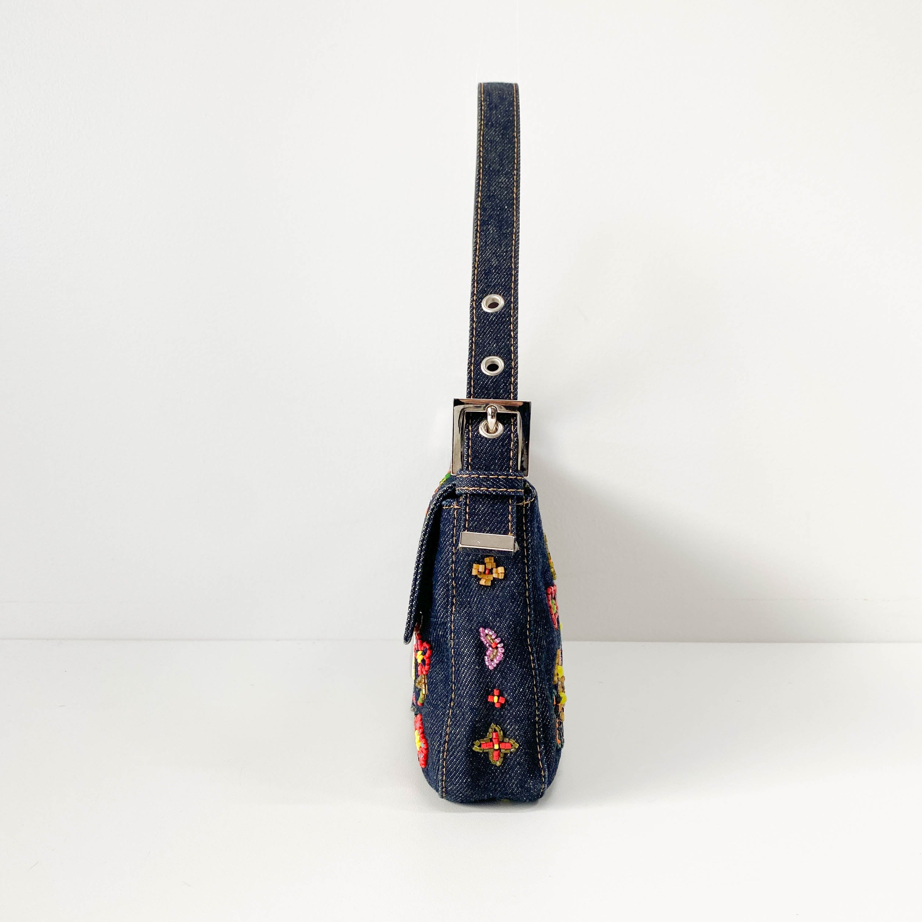 Baguette Blue Denim Beaded Shoulder Bag