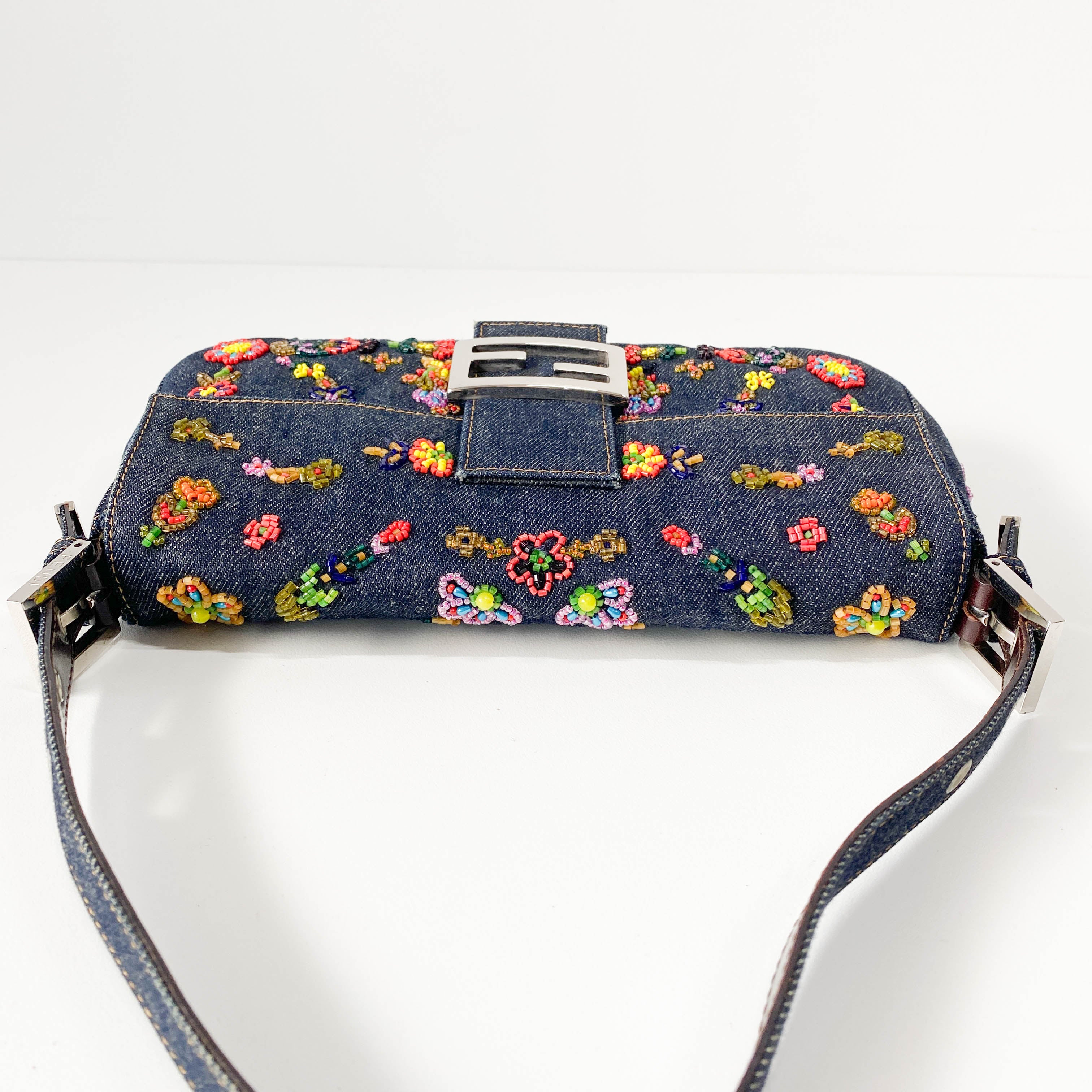 Baguette Blue Denim Beaded Shoulder Bag