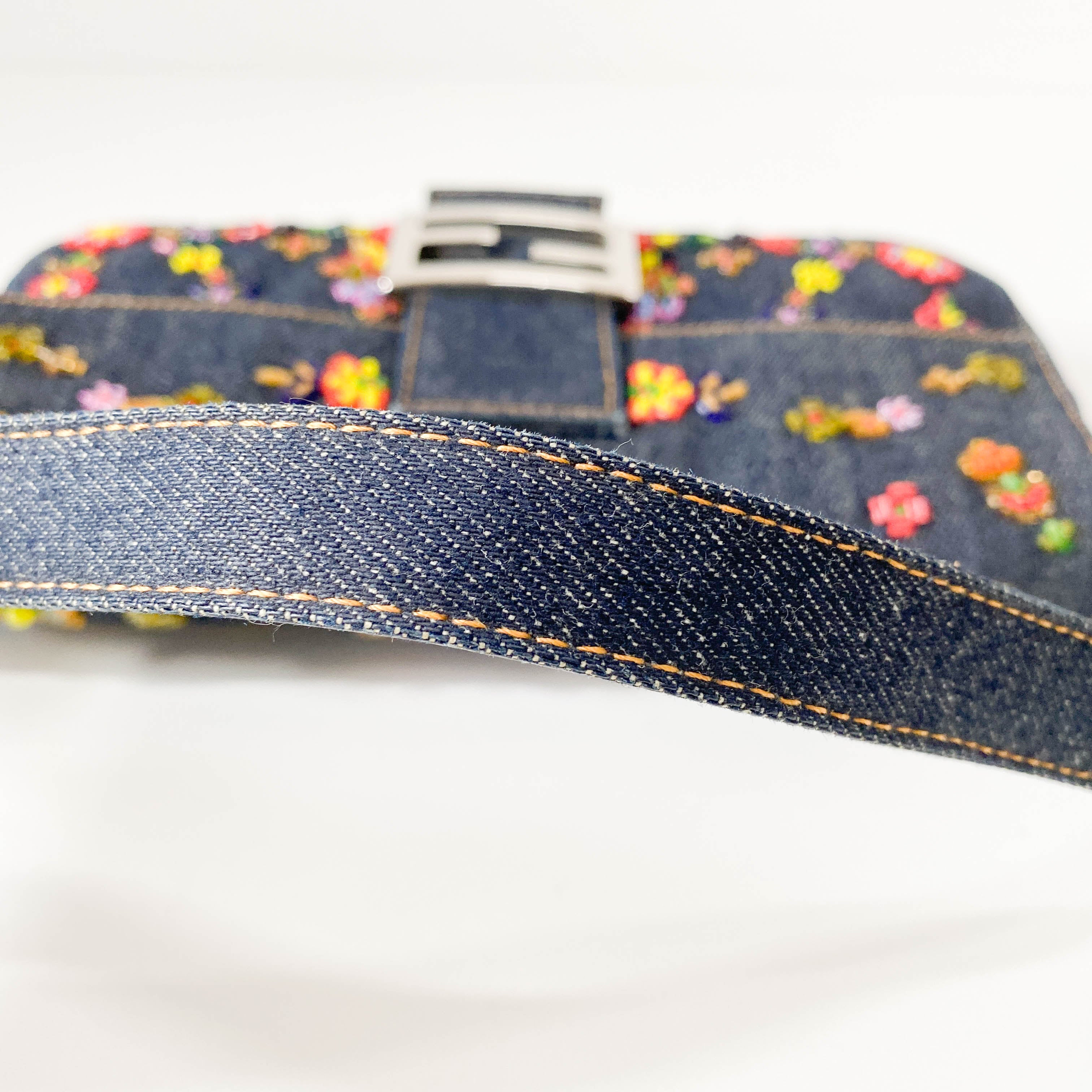 Baguette Blue Denim Beaded Shoulder Bag