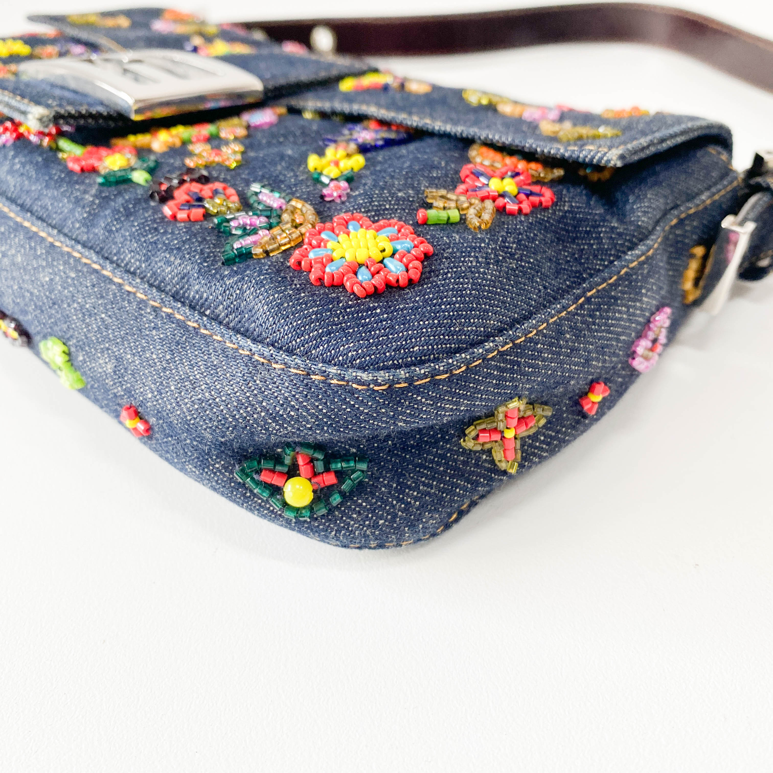 Baguette Blue Denim Beaded Shoulder Bag