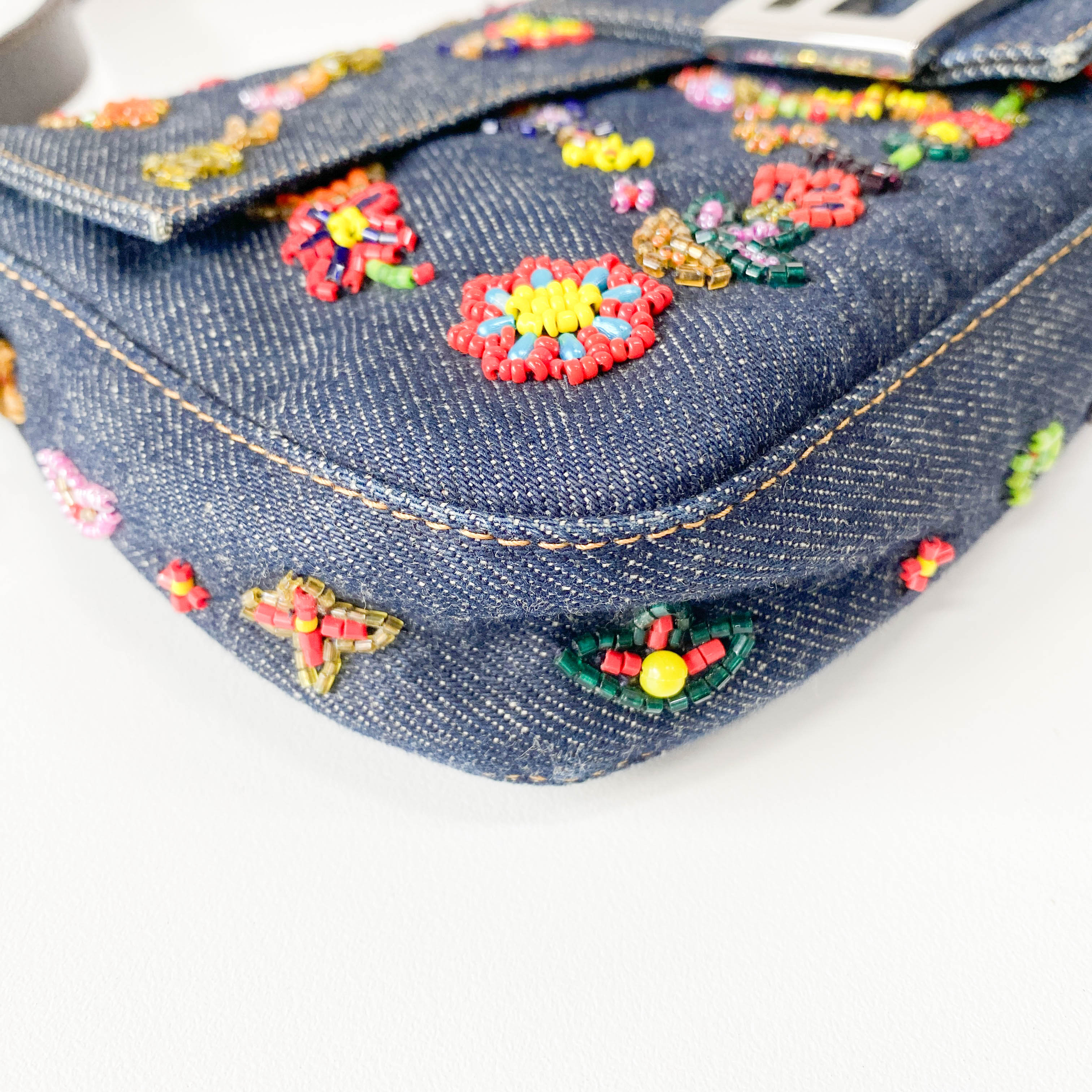 Baguette Blue Denim Beaded Shoulder Bag