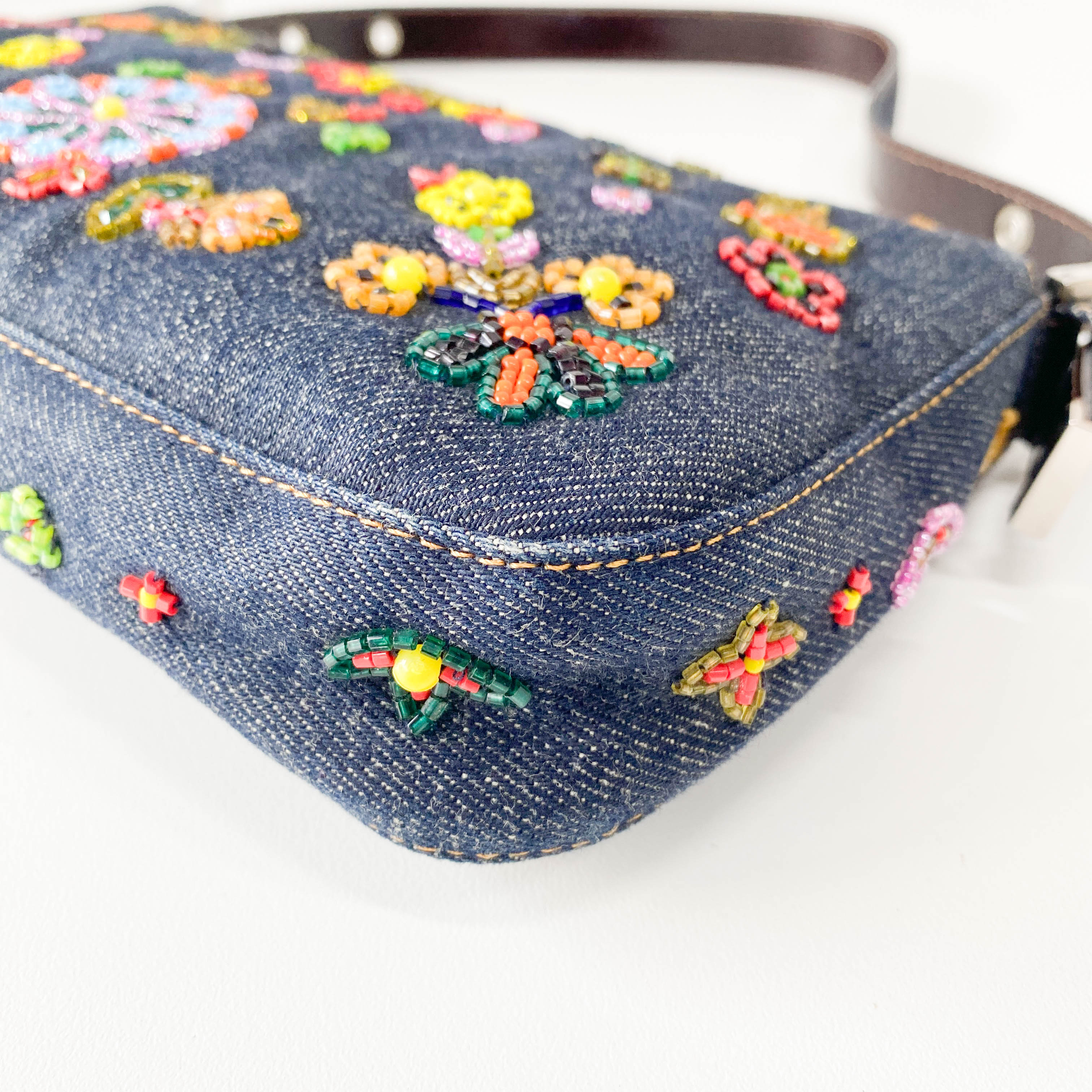 Baguette Blue Denim Beaded Shoulder Bag