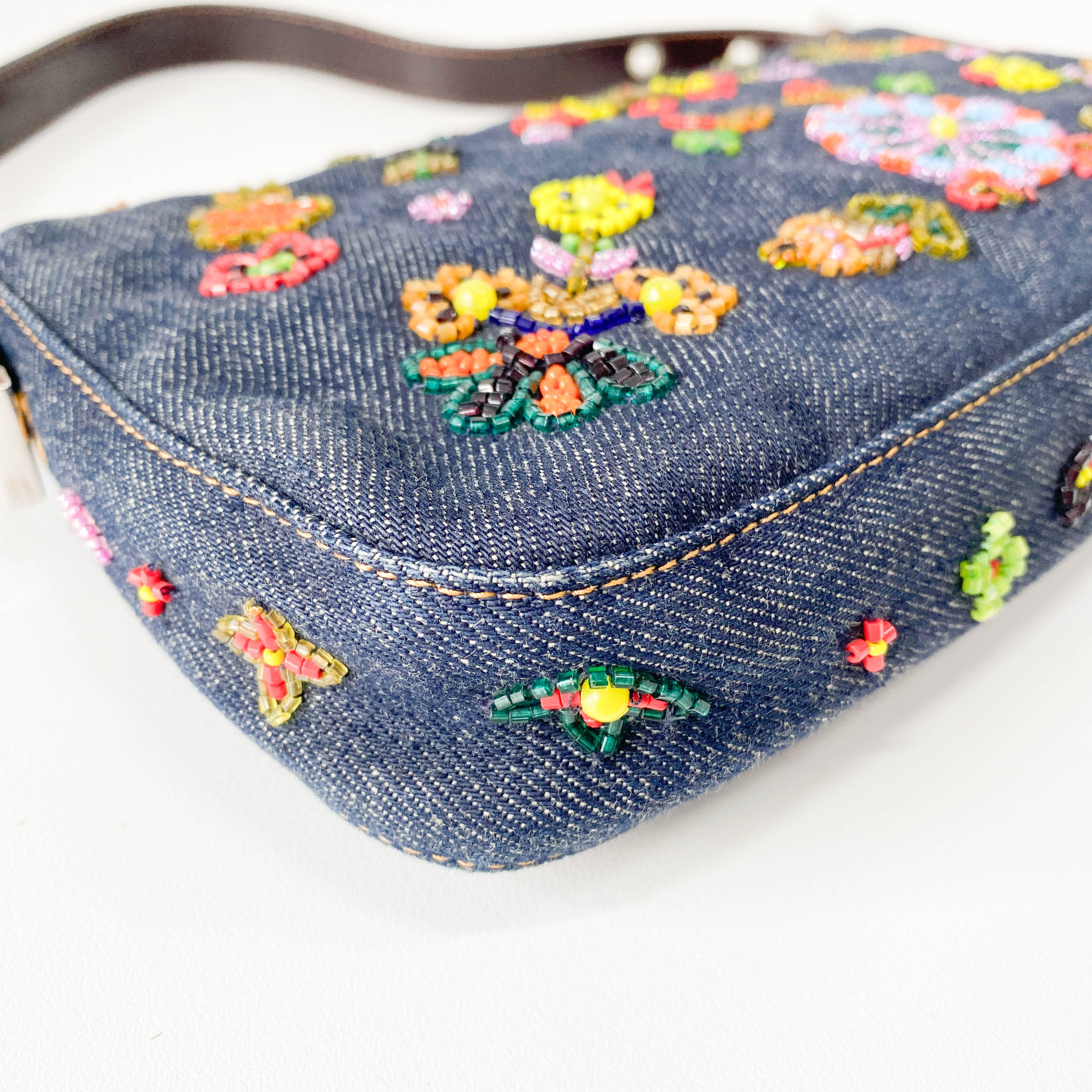 Baguette Blue Denim Beaded Shoulder Bag