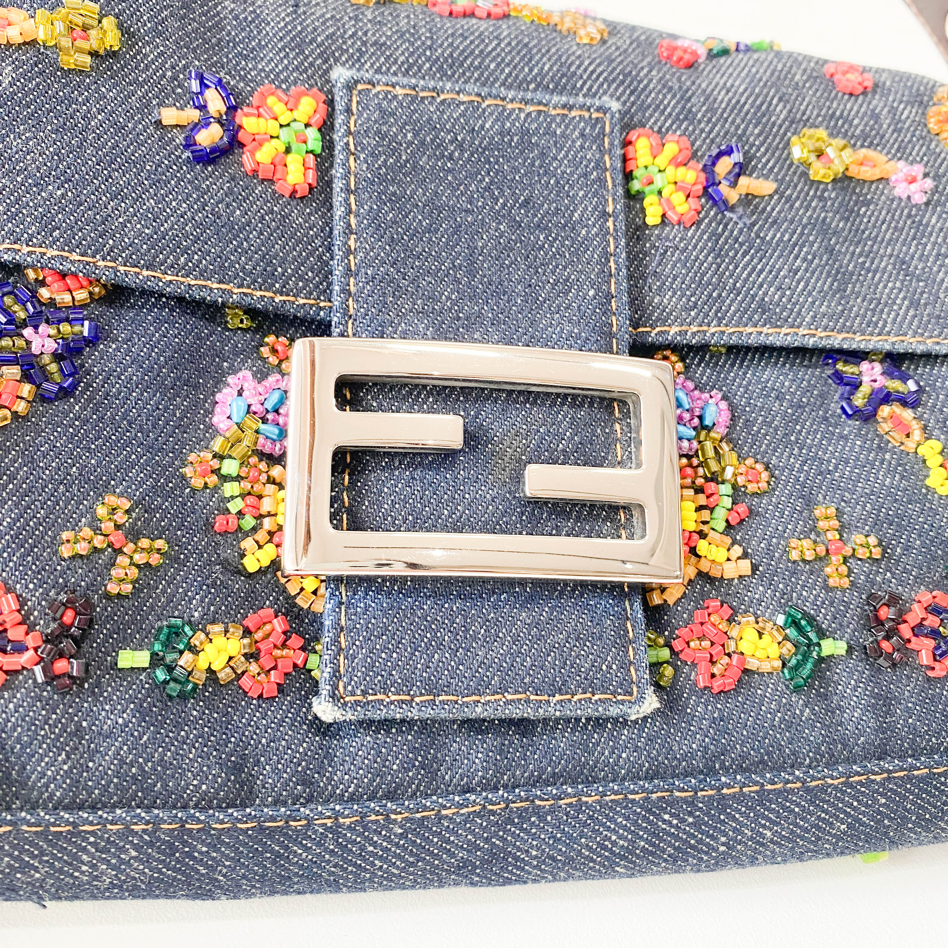 Baguette Blue Denim Beaded Shoulder Bag