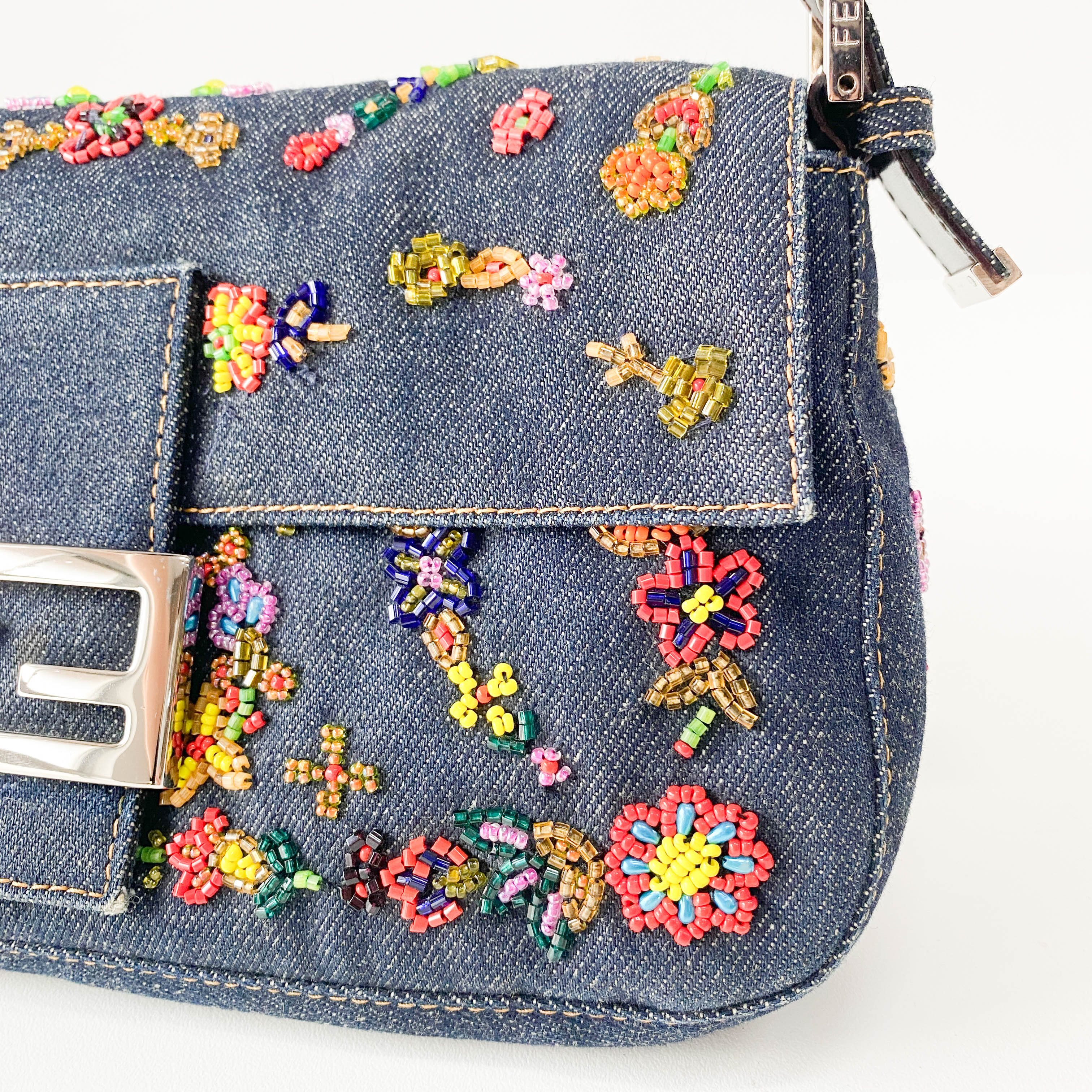 Baguette Blue Denim Beaded Shoulder Bag