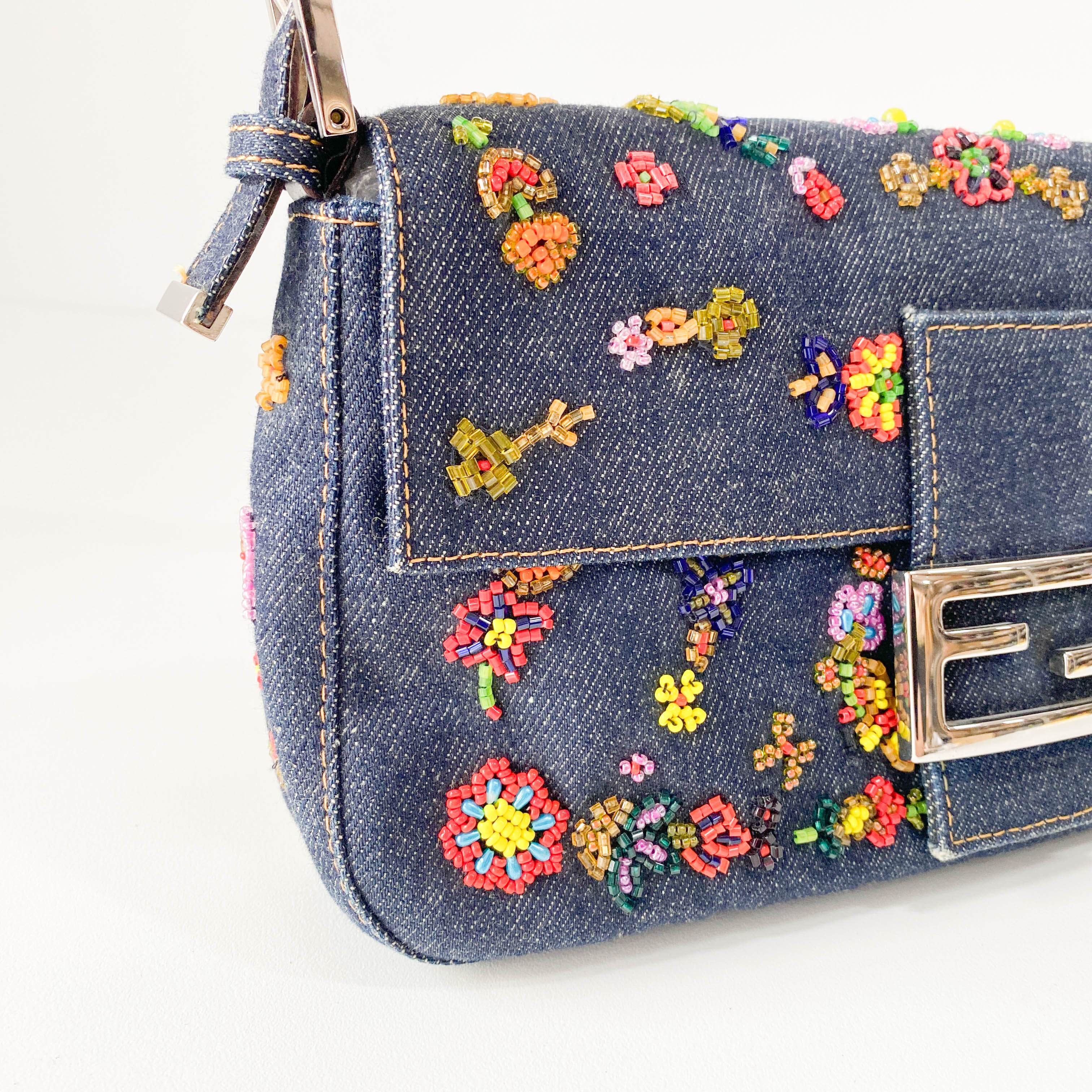 Baguette Blue Denim Beaded Shoulder Bag