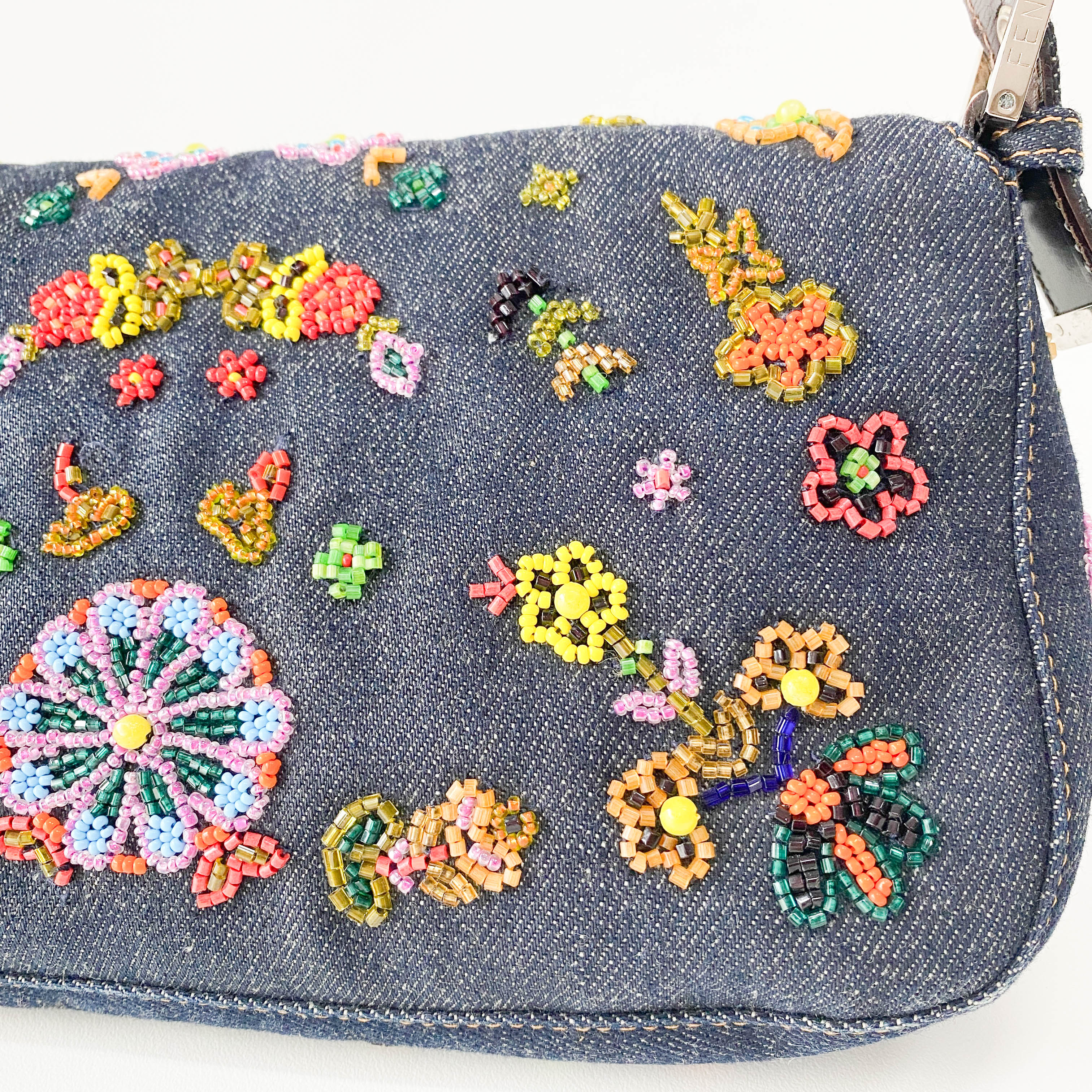 Baguette Blue Denim Beaded Shoulder Bag