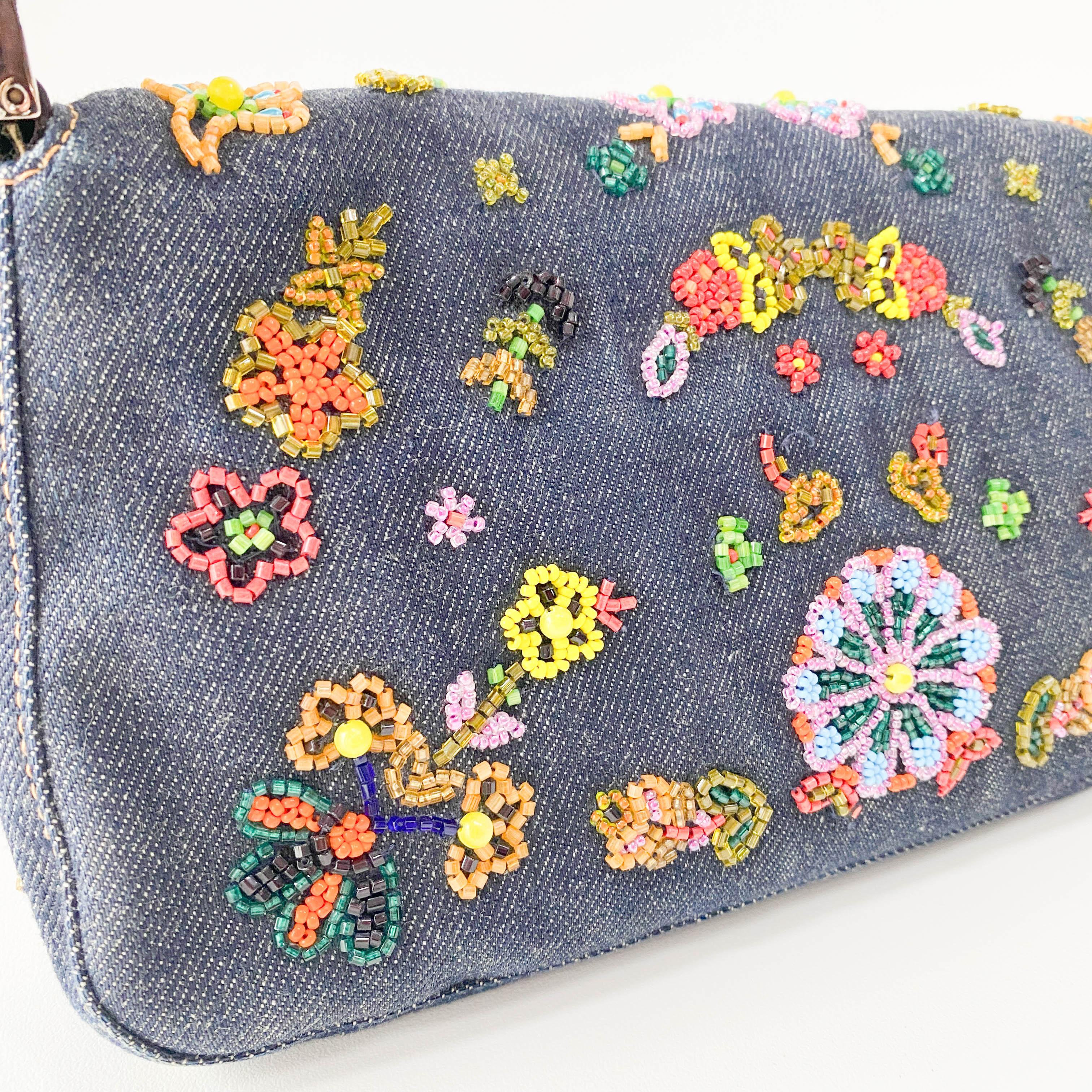 Baguette Blue Denim Beaded Shoulder Bag