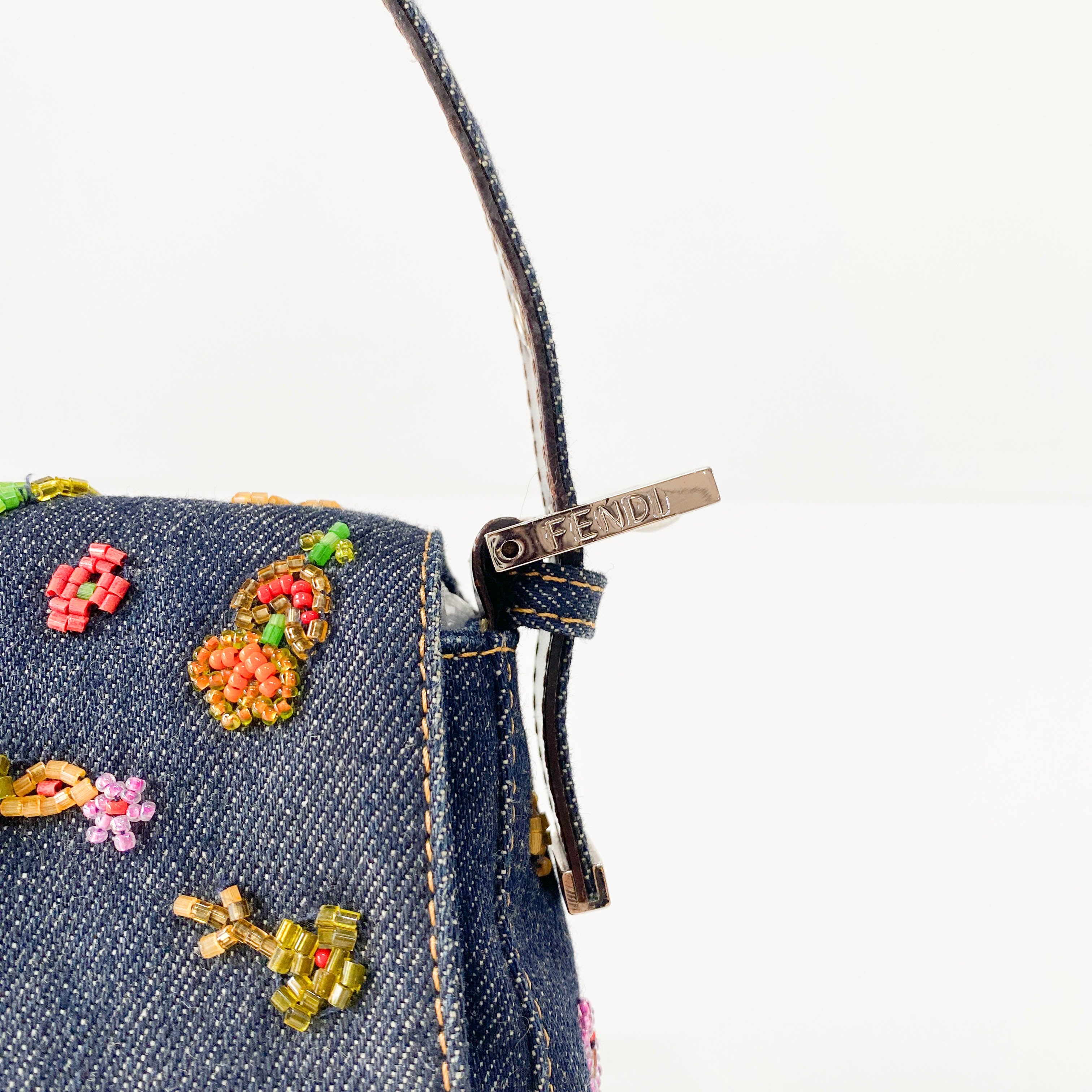 Baguette Blue Denim Beaded Shoulder Bag