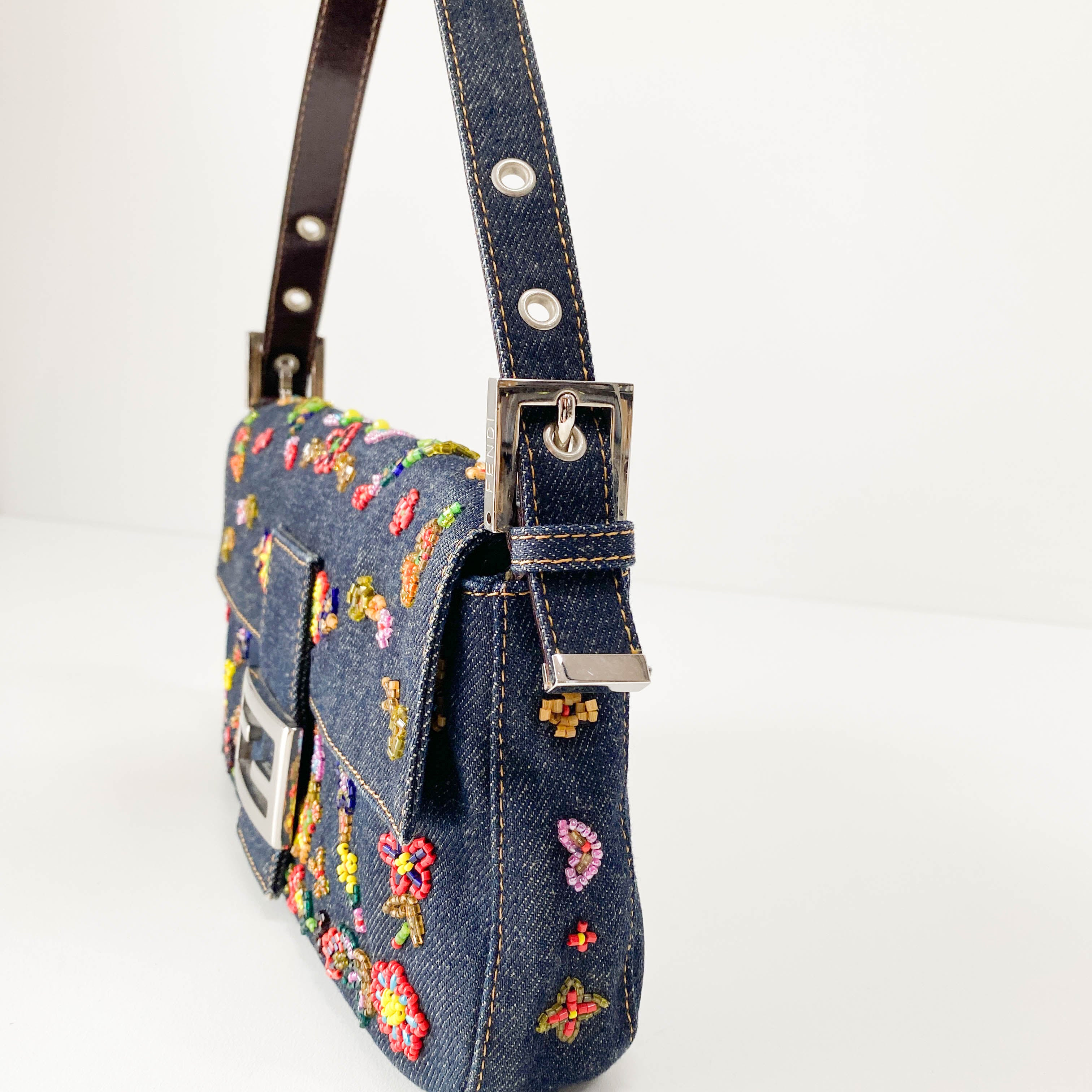 Baguette Blue Denim Beaded Shoulder Bag