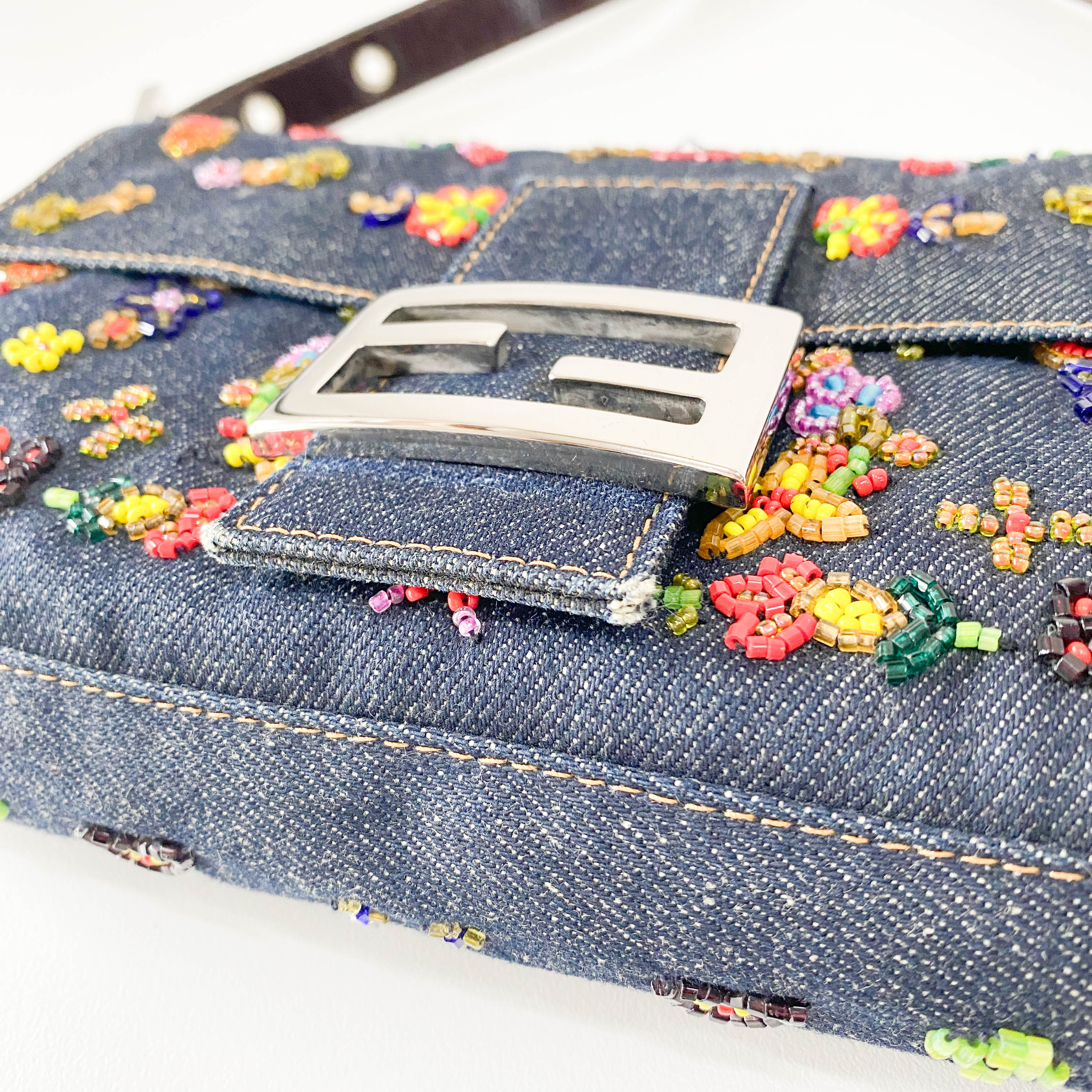 Baguette Blue Denim Beaded Shoulder Bag