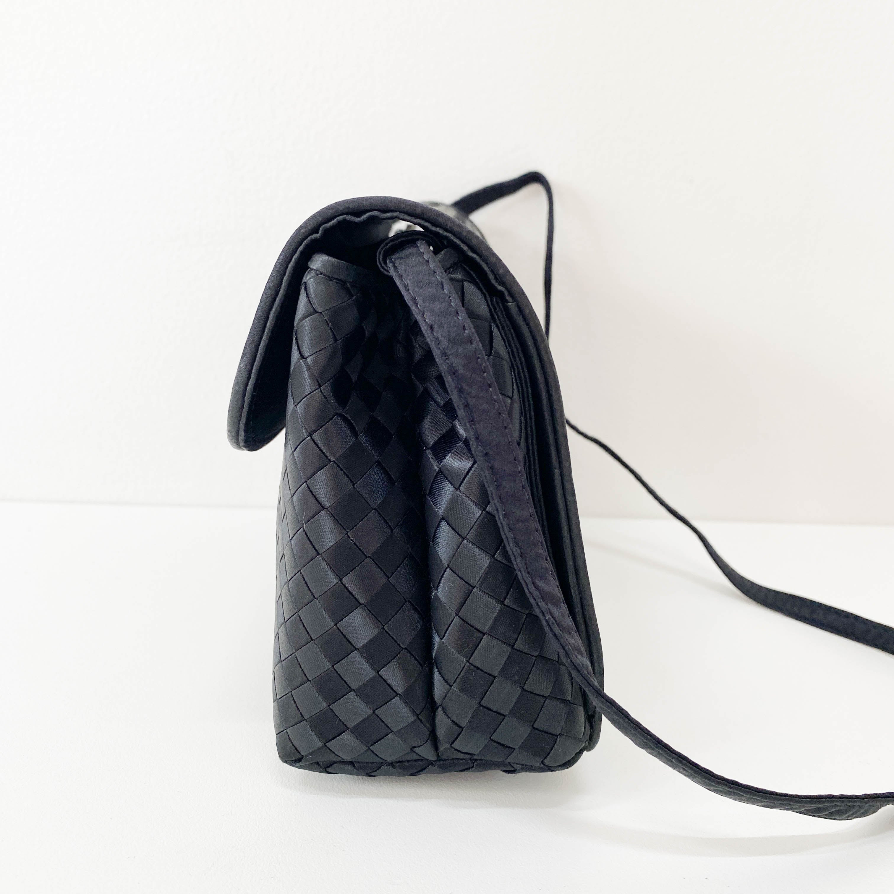 Intrecciato Black Satin Shoulder Bag