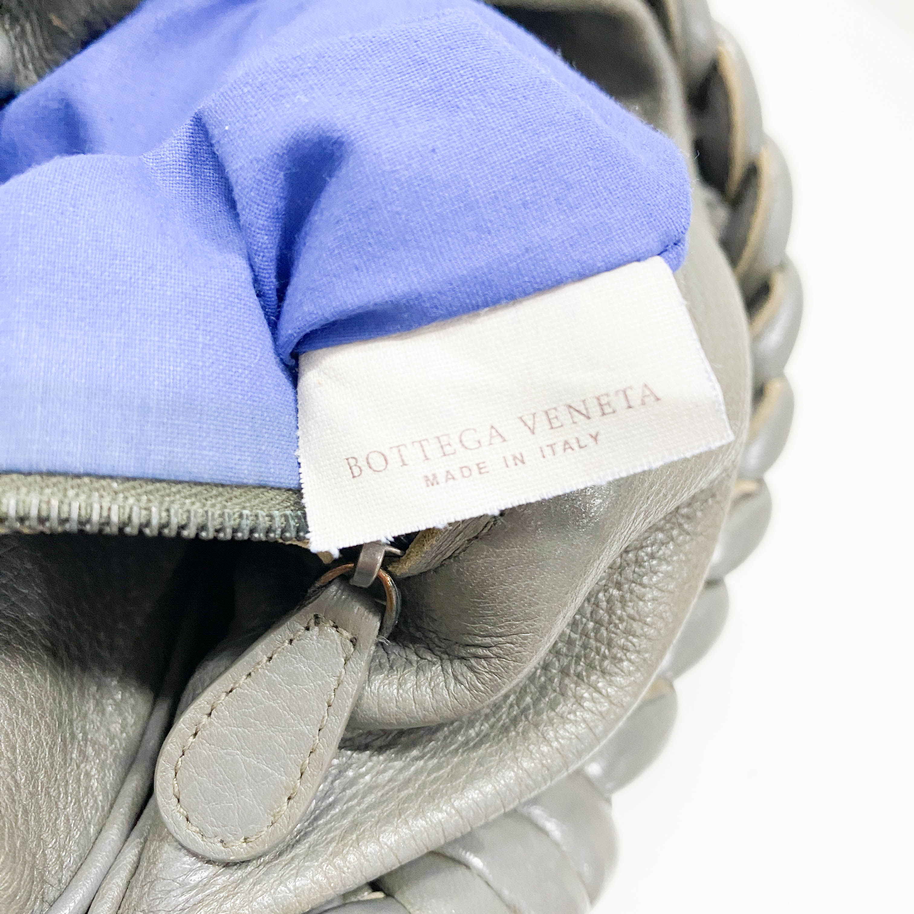 Intrecciato Detail Grey Leather Shoulder Bag