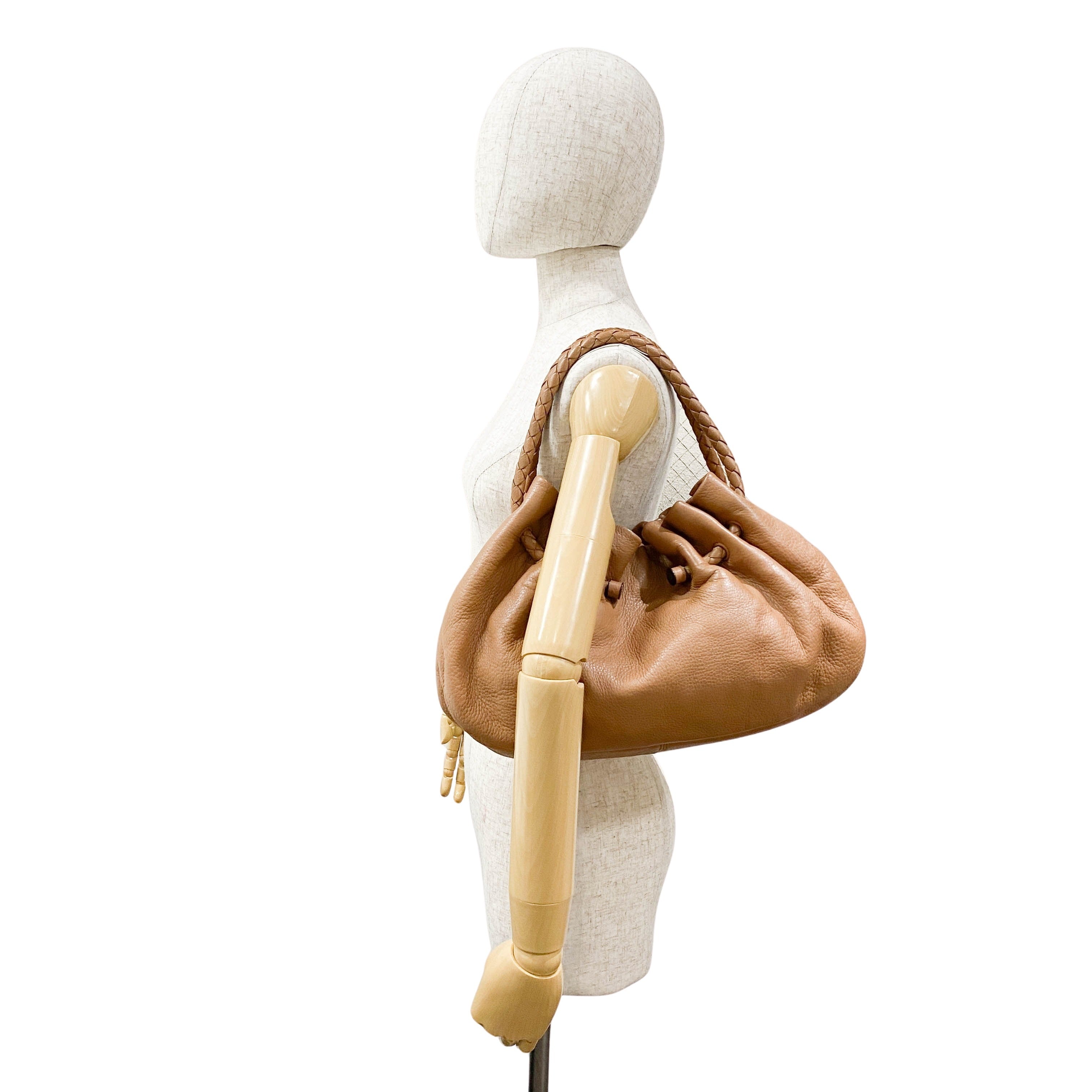 Intrecciato Strap Caramel Leather Handle Bag