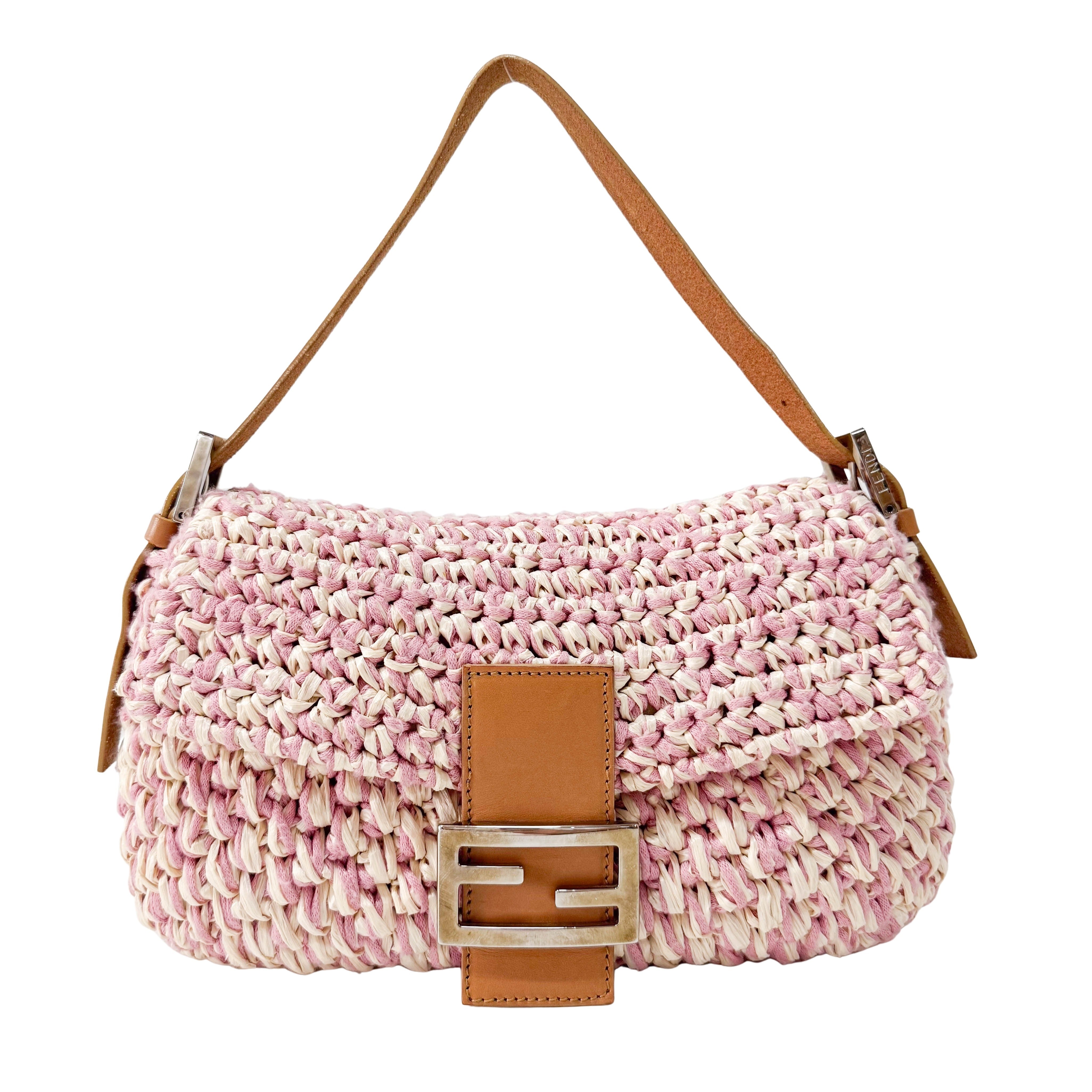 Baguette Pink Woven Cotton & Raffia Shoulder Bag