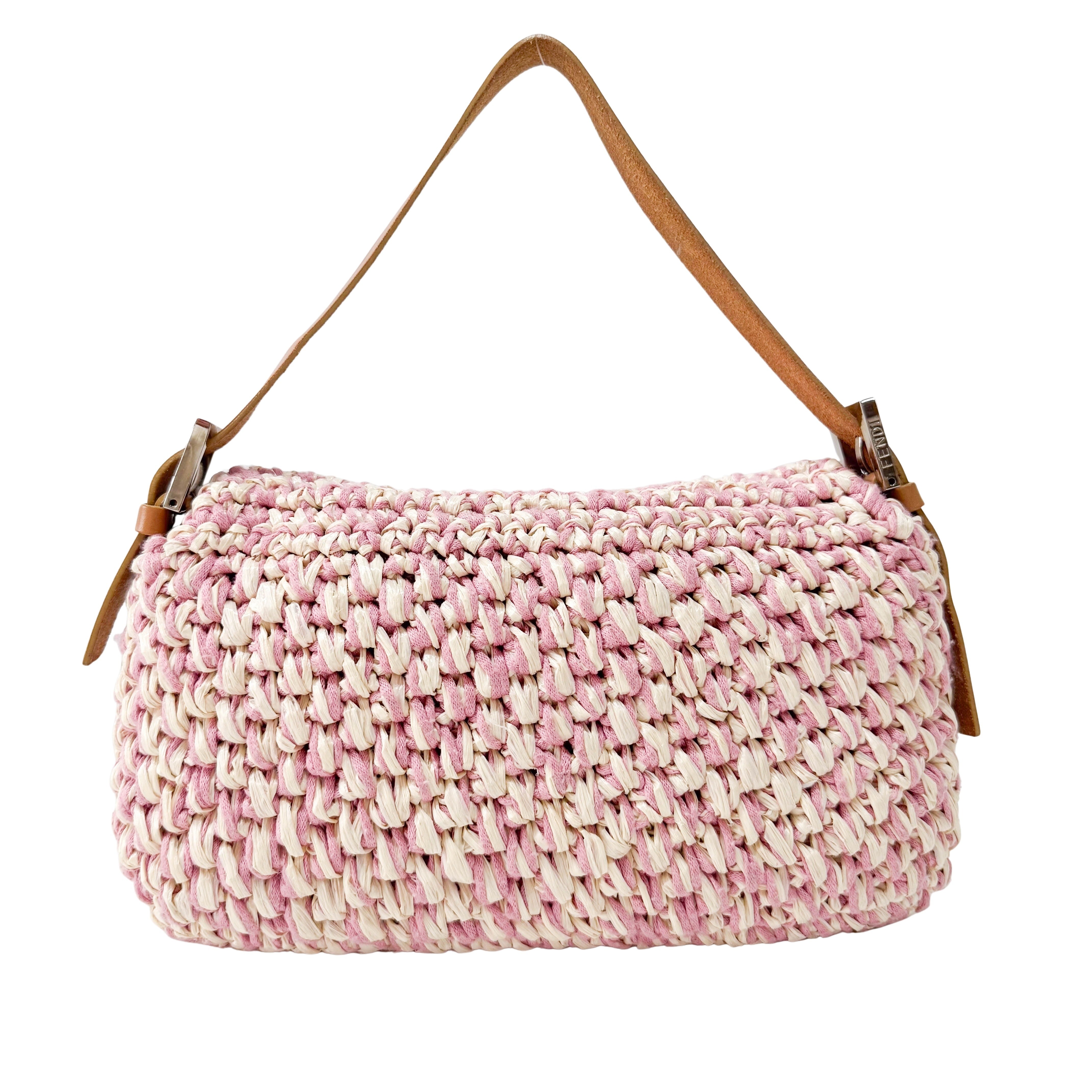Baguette Pink Woven Cotton & Raffia Shoulder Bag