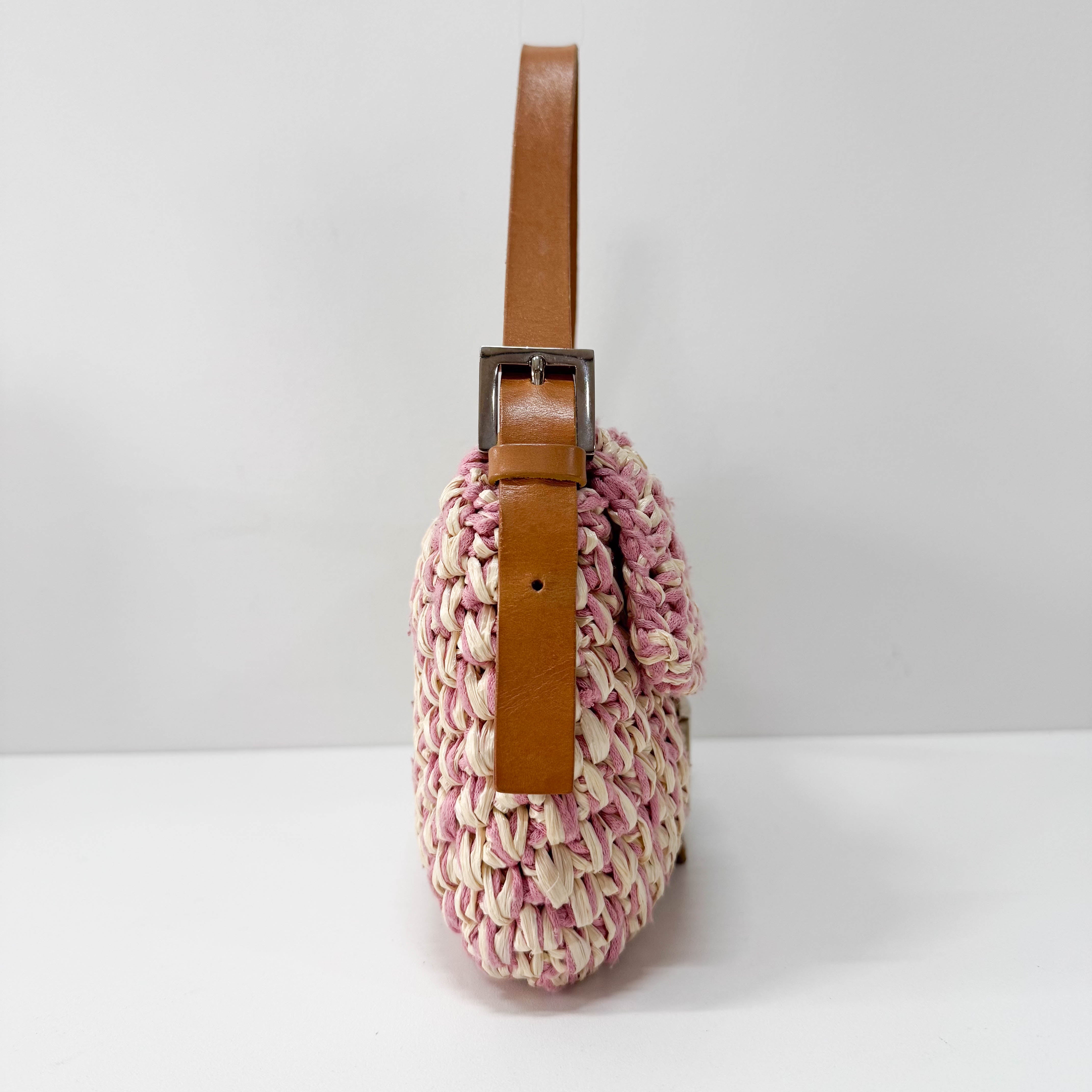 Baguette Pink Woven Cotton & Raffia Shoulder Bag