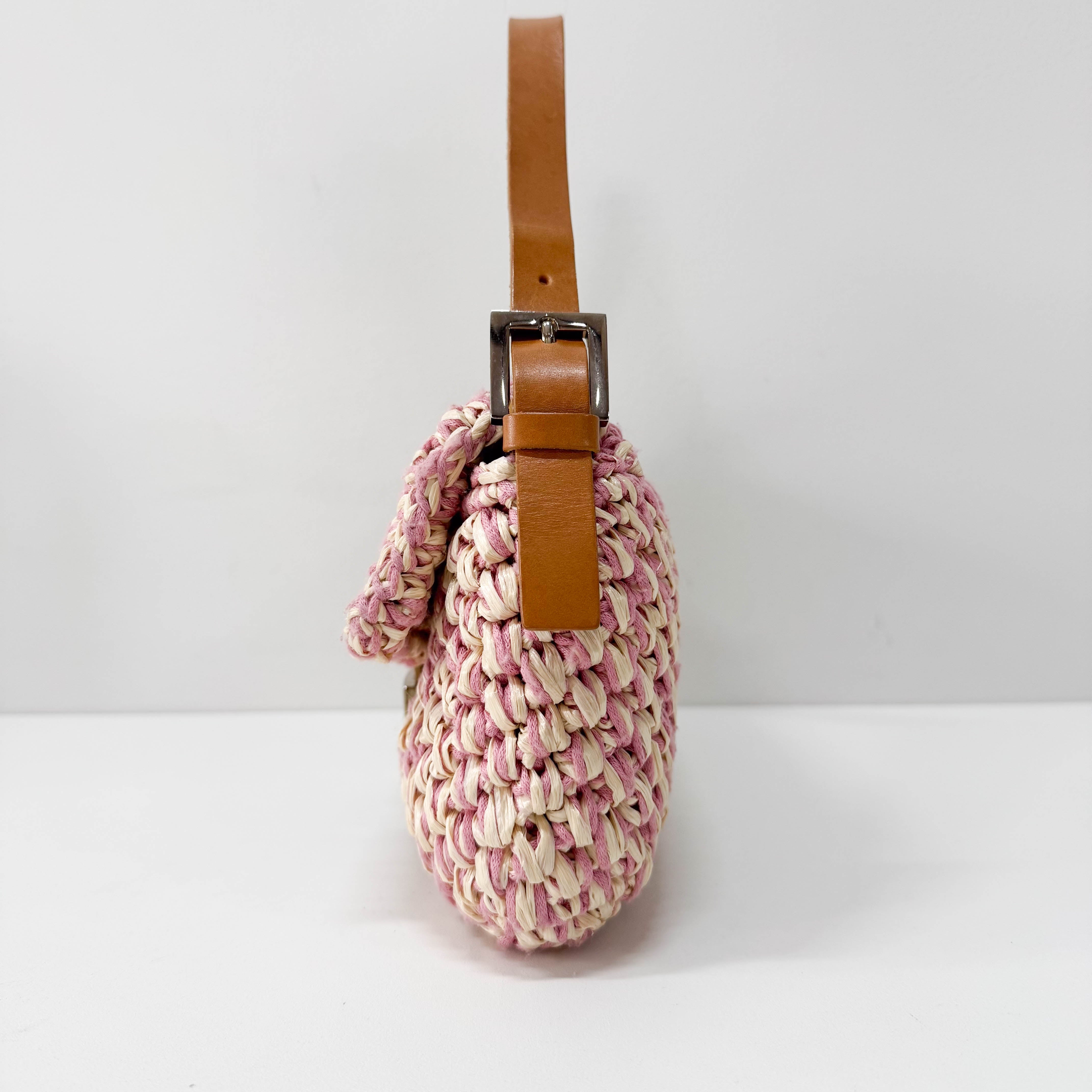 Baguette Pink Woven Cotton & Raffia Shoulder Bag
