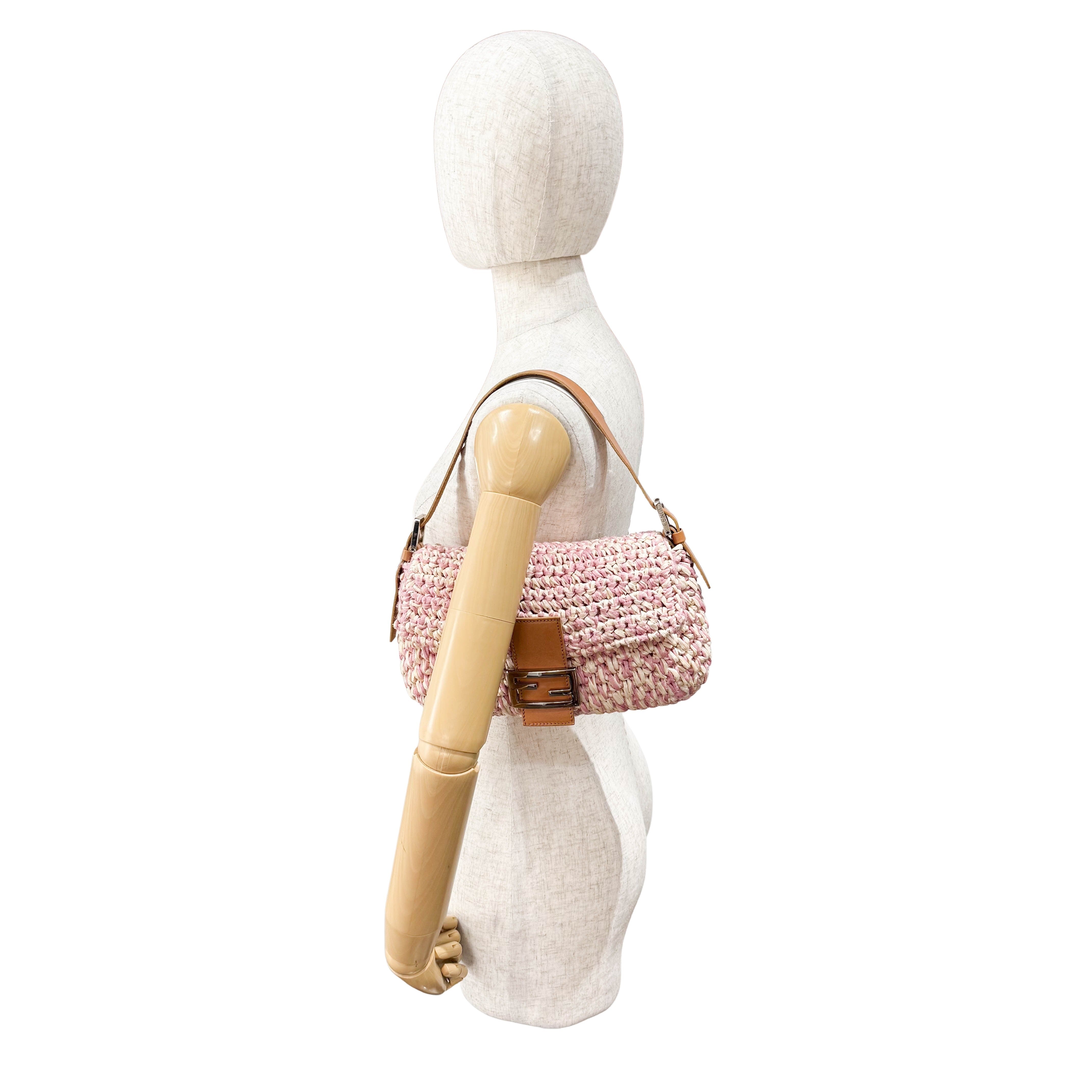 Baguette Pink Woven Cotton & Raffia Shoulder Bag