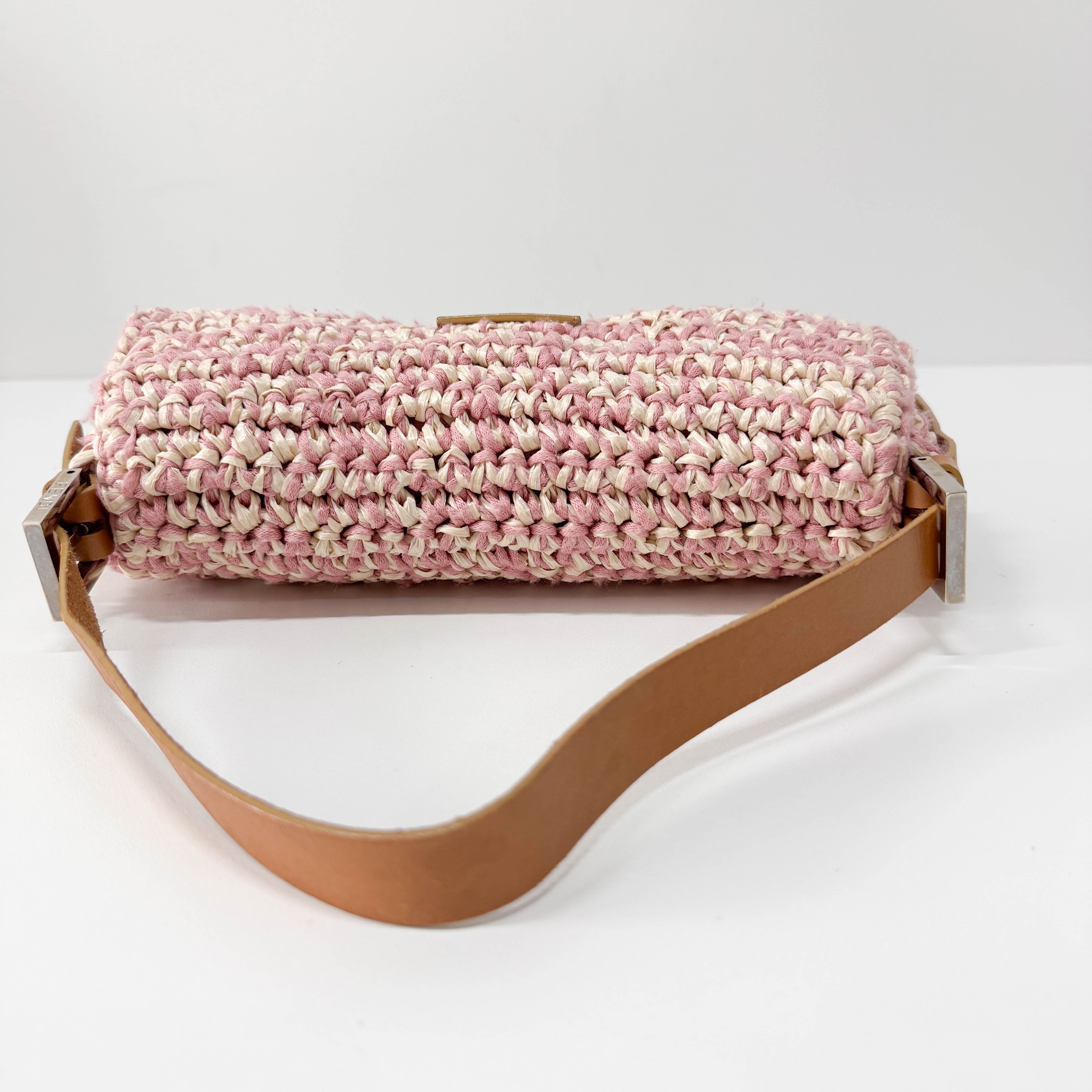 Baguette Pink Woven Cotton & Raffia Shoulder Bag