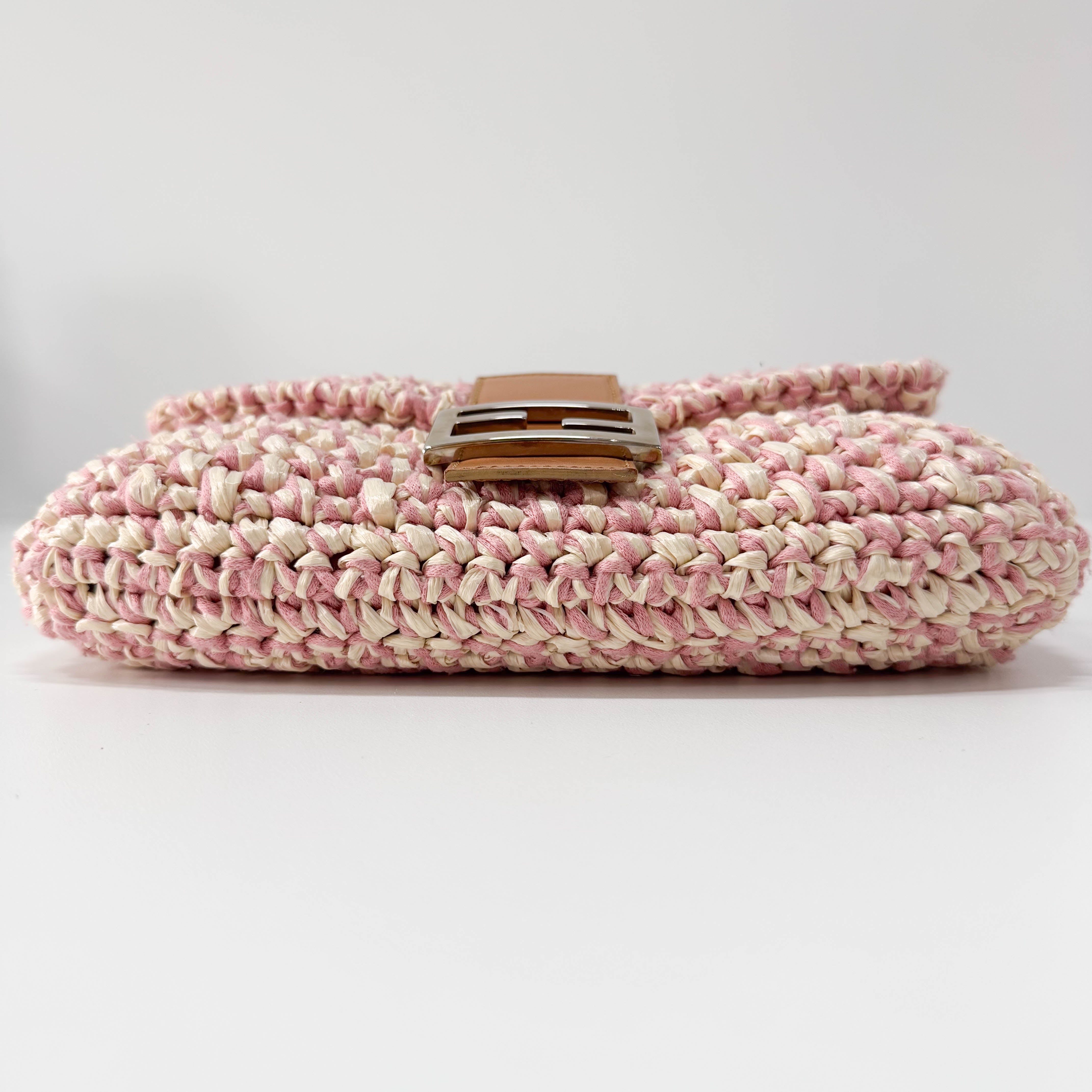 Baguette Pink Woven Cotton & Raffia Shoulder Bag
