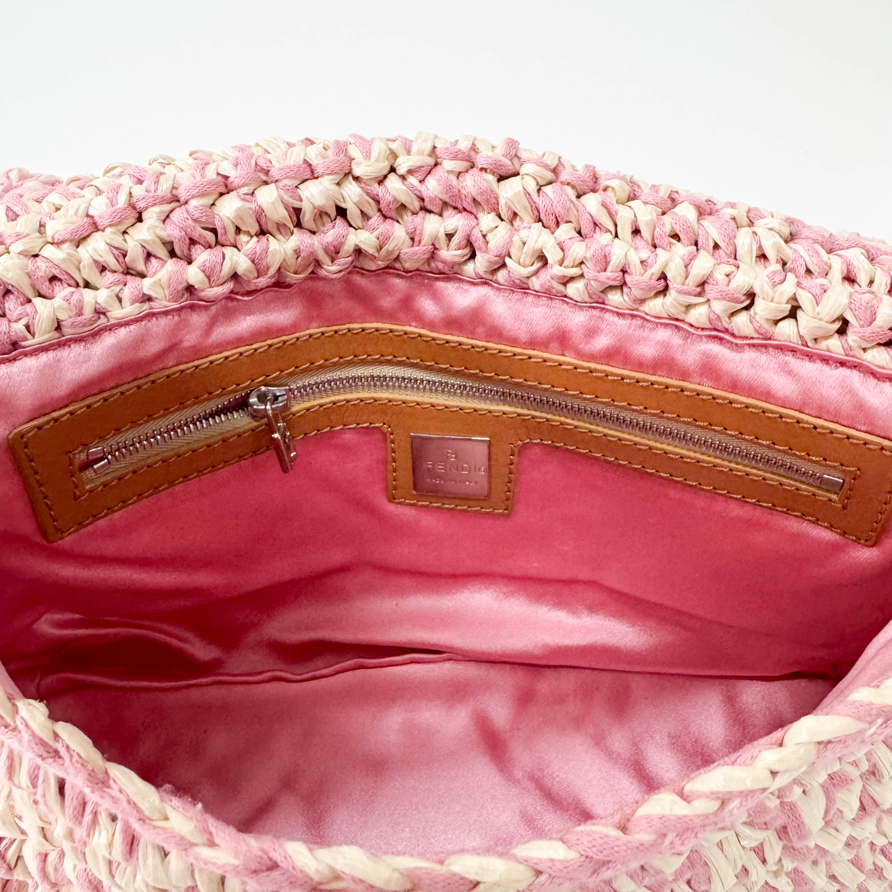 Baguette Pink Woven Cotton & Raffia Shoulder Bag
