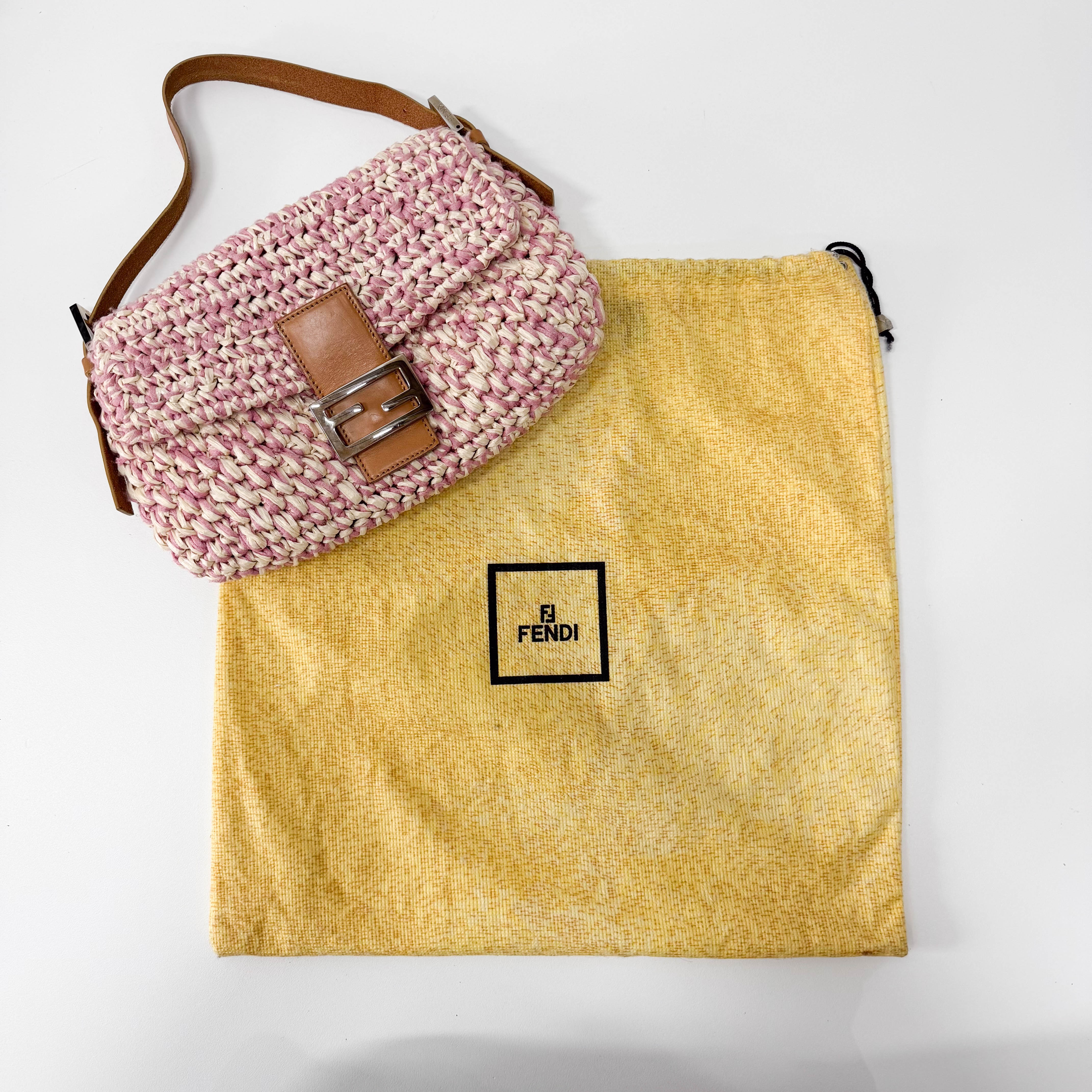 Baguette Pink Woven Cotton & Raffia Shoulder Bag