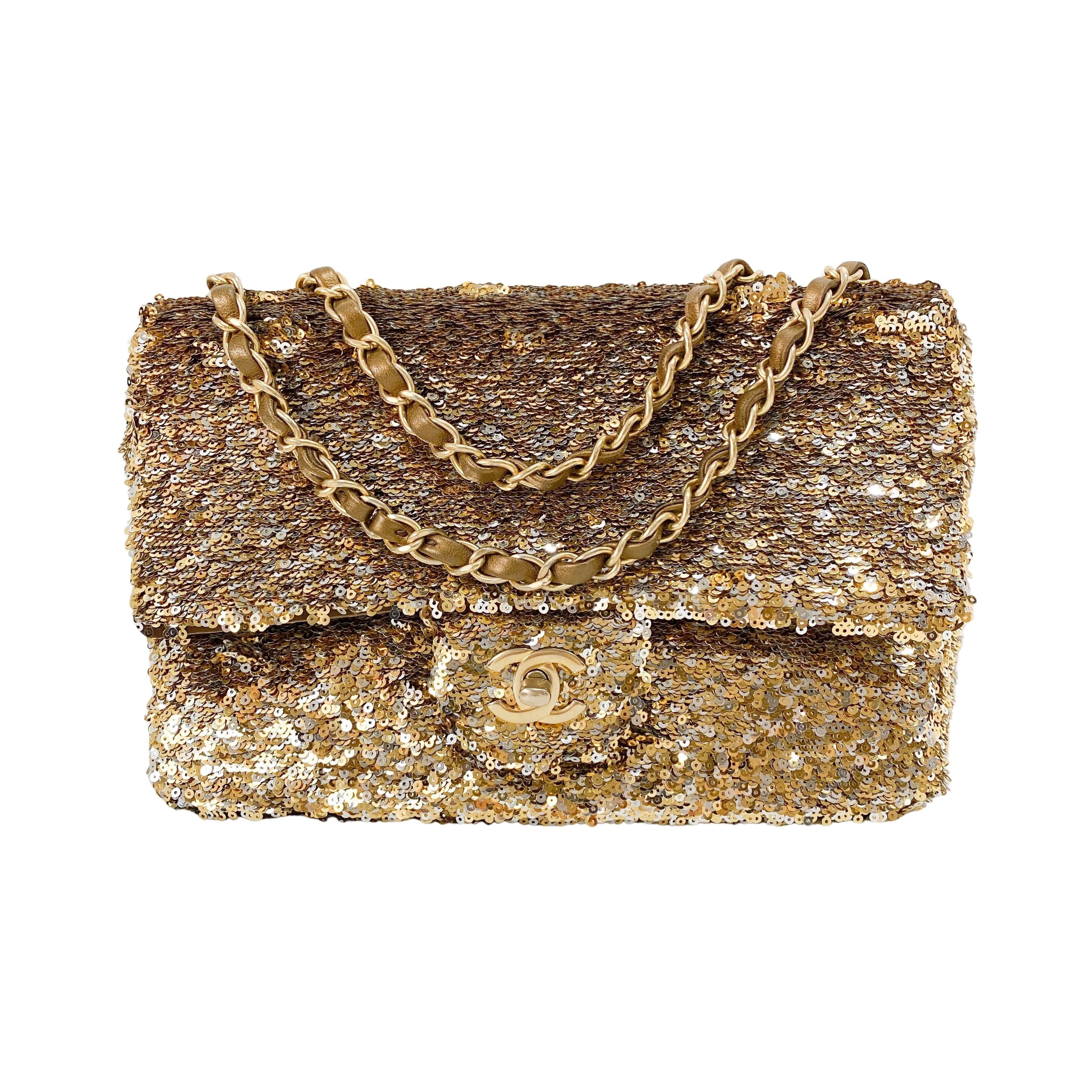 Timeless Classic Single Flap Gold Sequin Chain Shoulder Bag