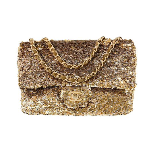 Timeless Classic Single Flap Gold Sequin Chain Shoulder Bag