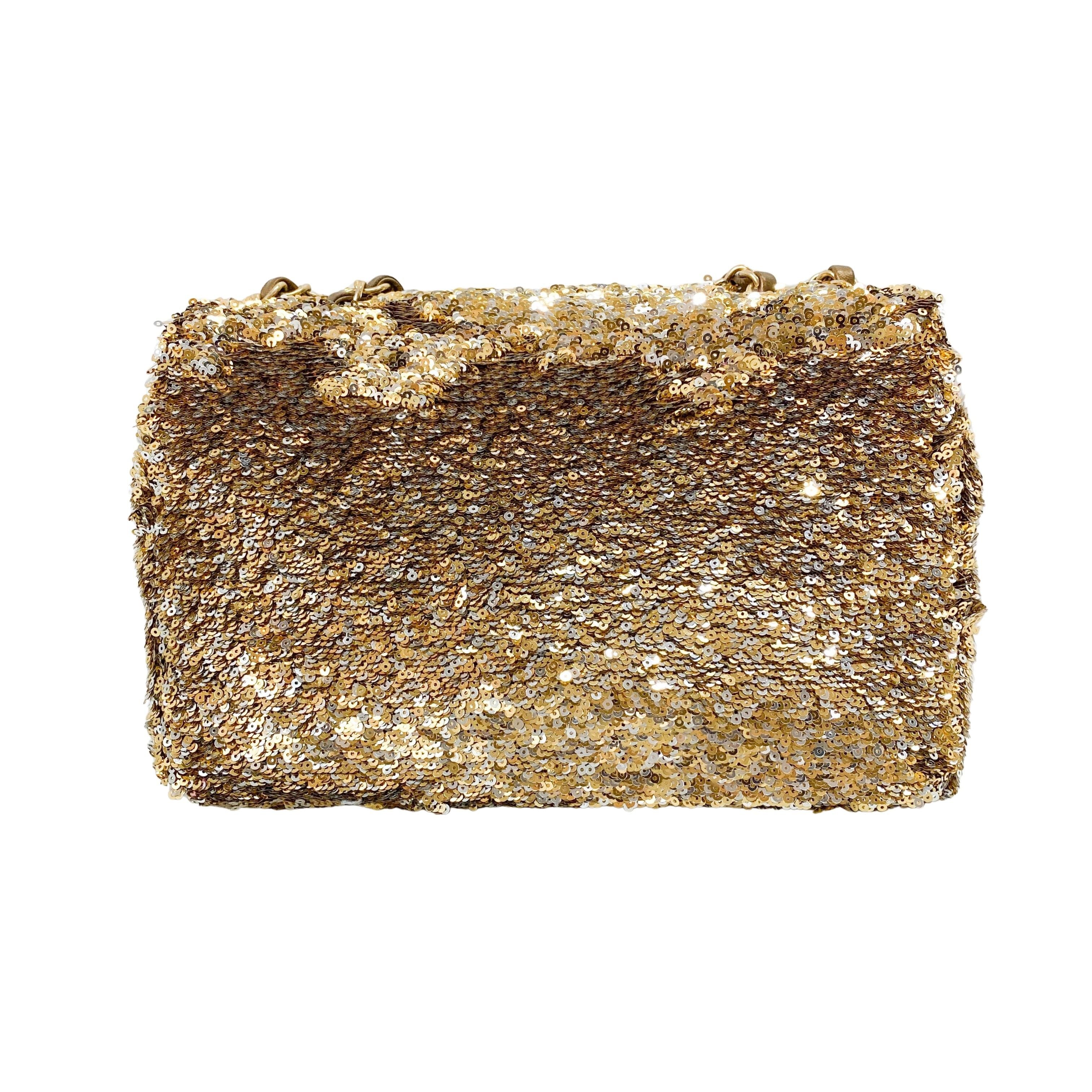 Timeless Classic Single Flap Gold Sequin Chain Shoulder Bag