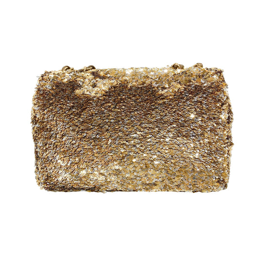 Timeless Classic Single Flap Gold Sequin Chain Shoulder Bag
