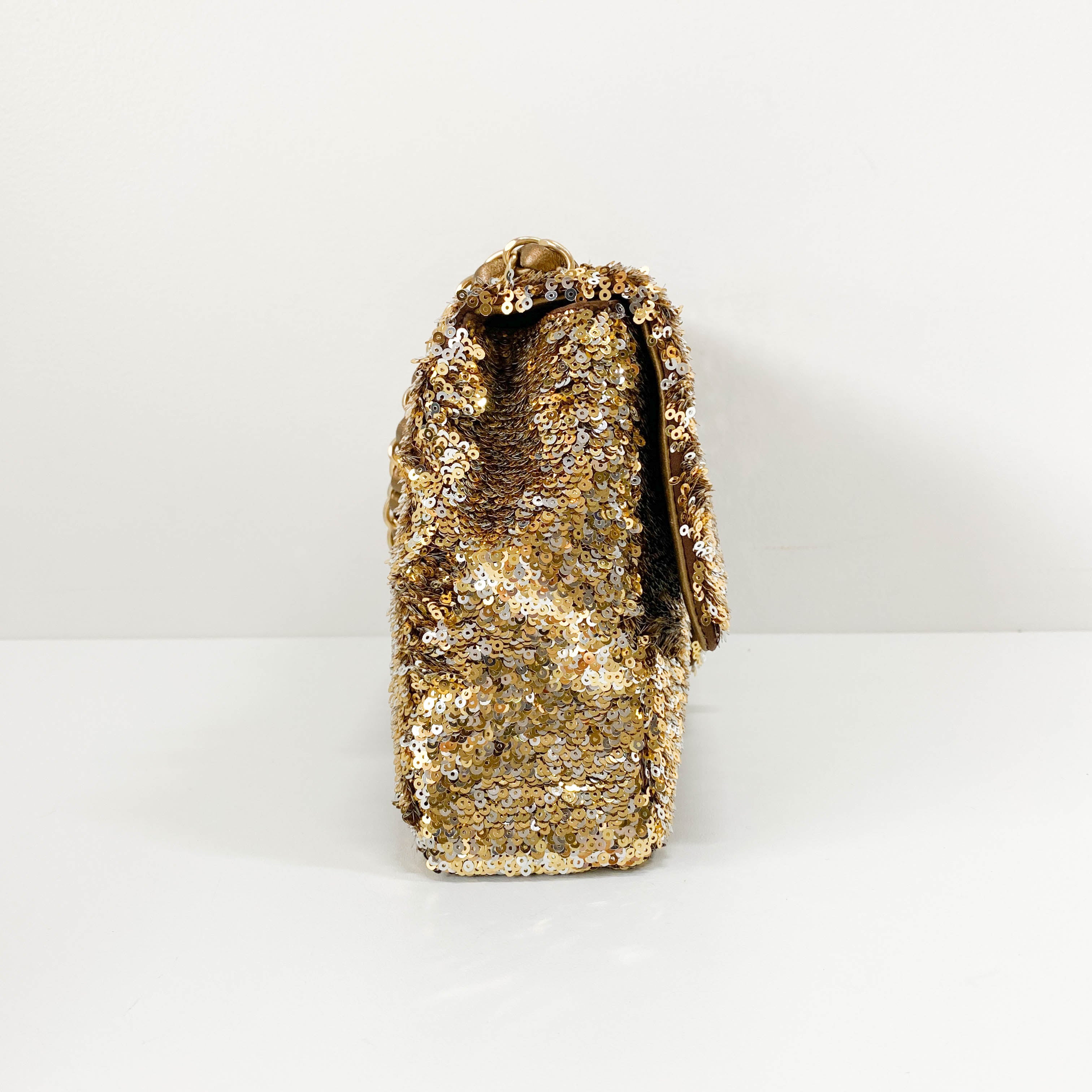 Timeless Classic Single Flap Gold Sequin Chain Shoulder Bag