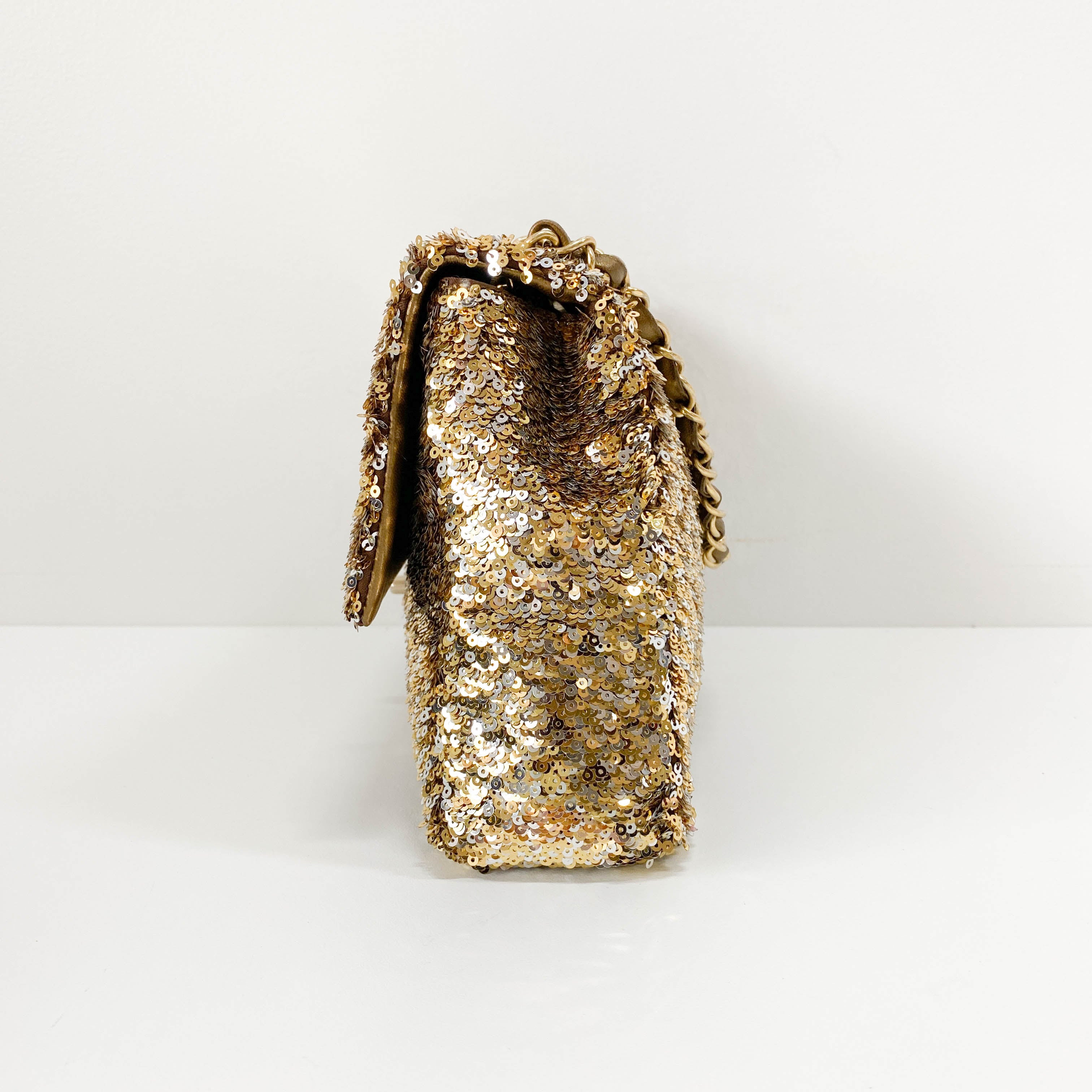 Timeless Classic Single Flap Gold Sequin Chain Shoulder Bag