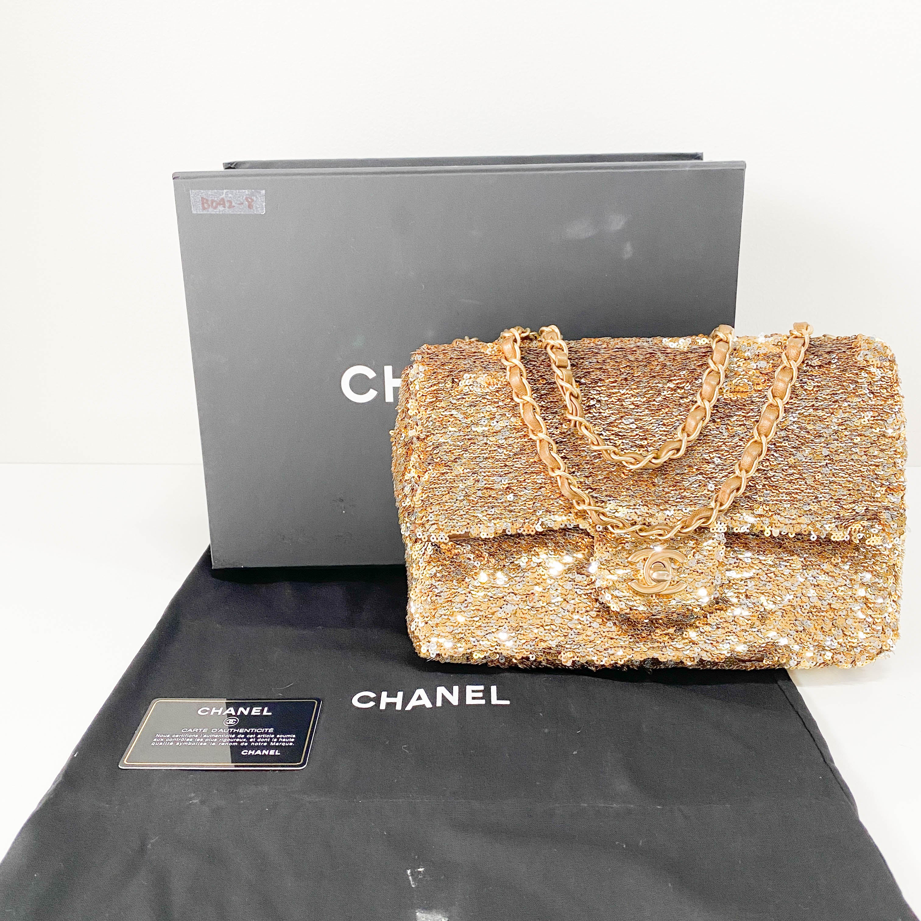 Timeless Classic Single Flap Gold Sequin Chain Shoulder Bag