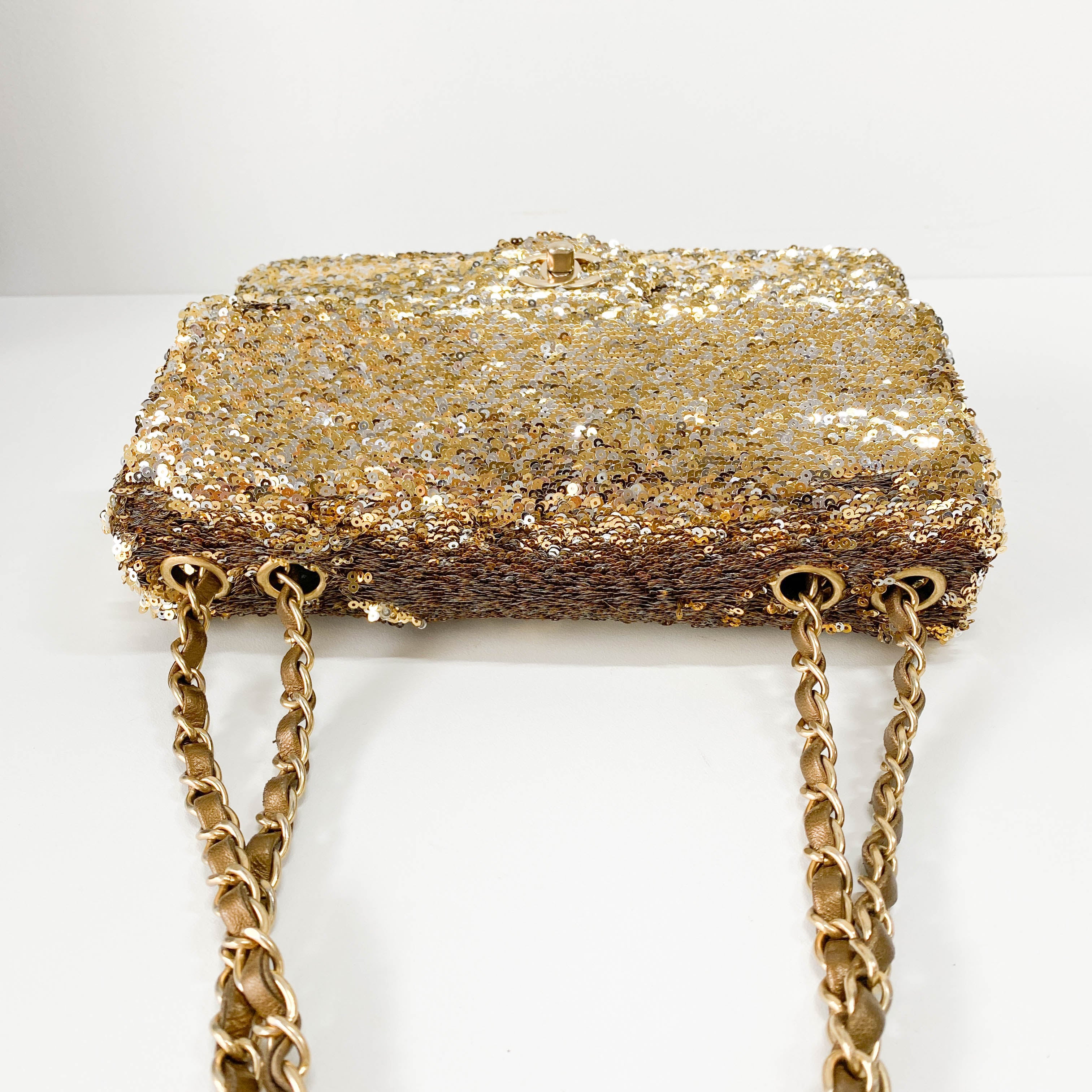 Timeless Classic Single Flap Gold Sequin Chain Shoulder Bag