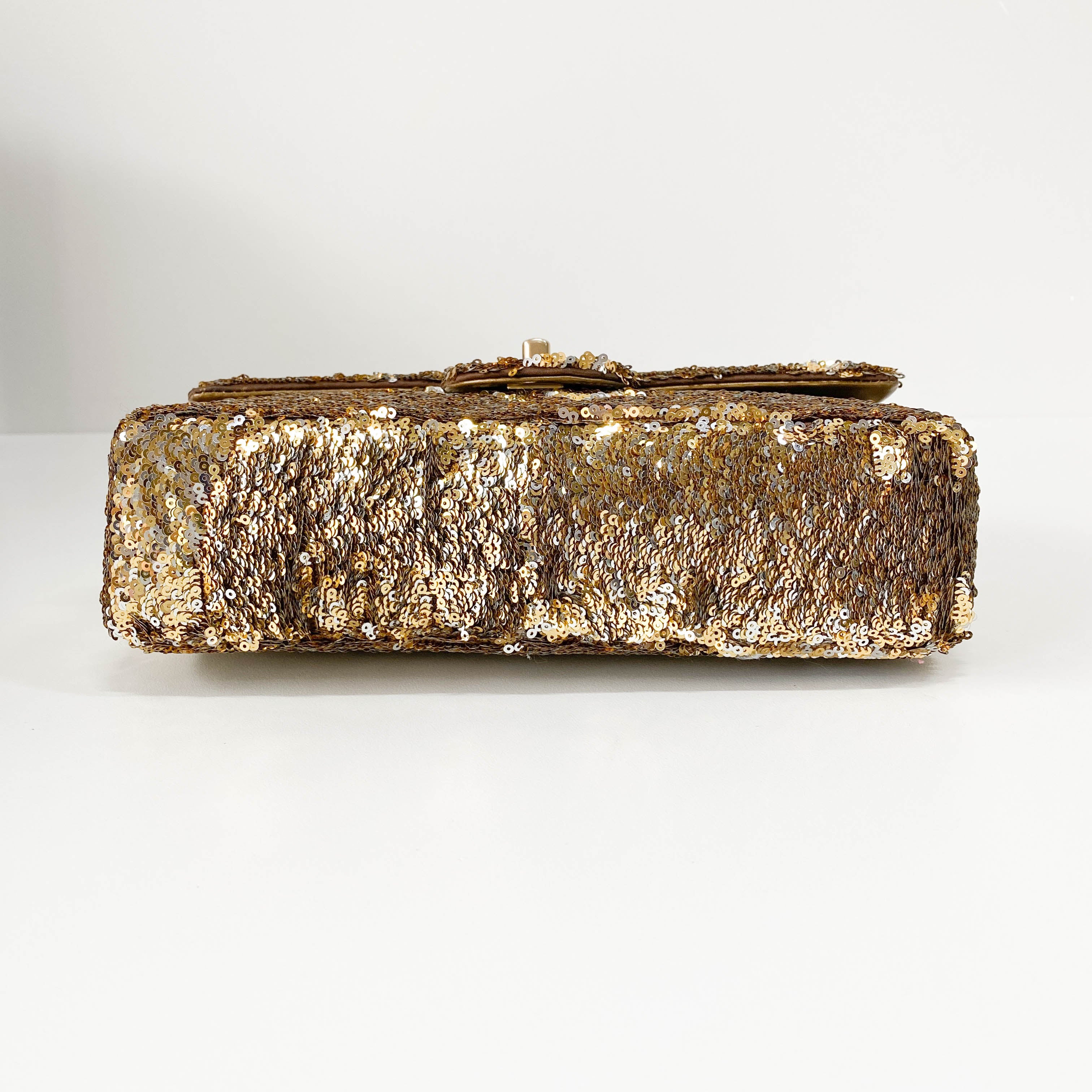 Timeless Classic Single Flap Gold Sequin Chain Shoulder Bag