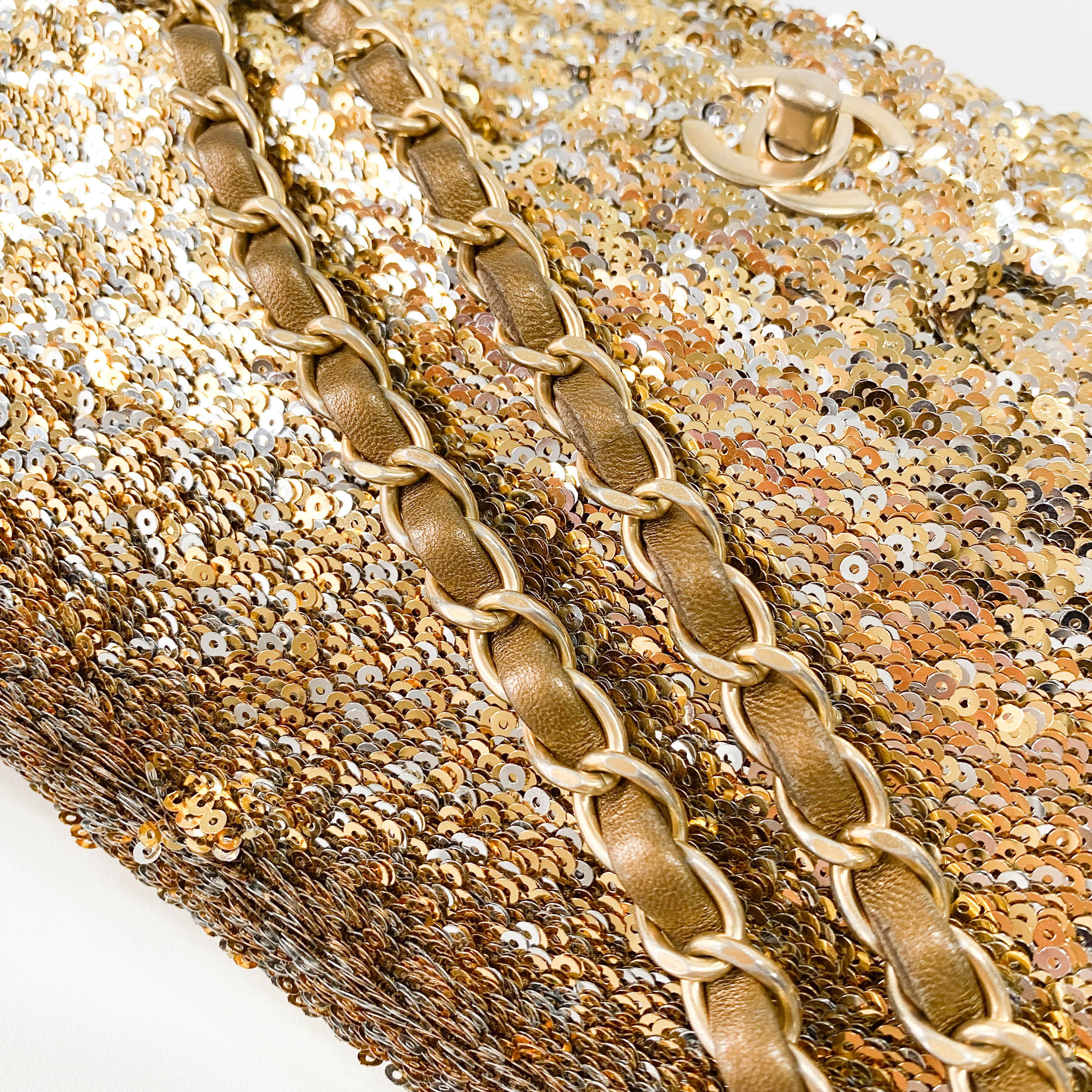 Timeless Classic Single Flap Gold Sequin Chain Shoulder Bag