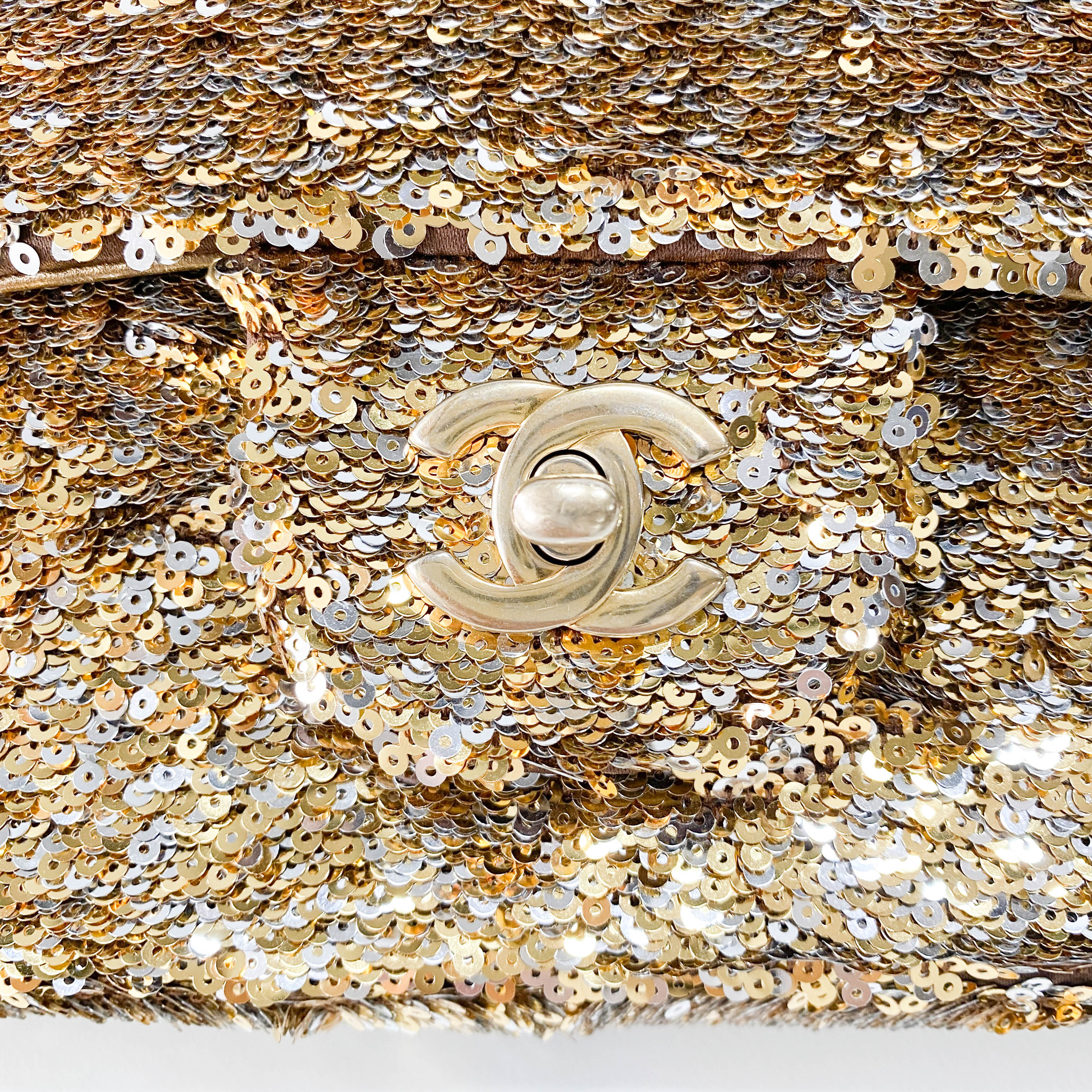 Timeless Classic Single Flap Gold Sequin Chain Shoulder Bag