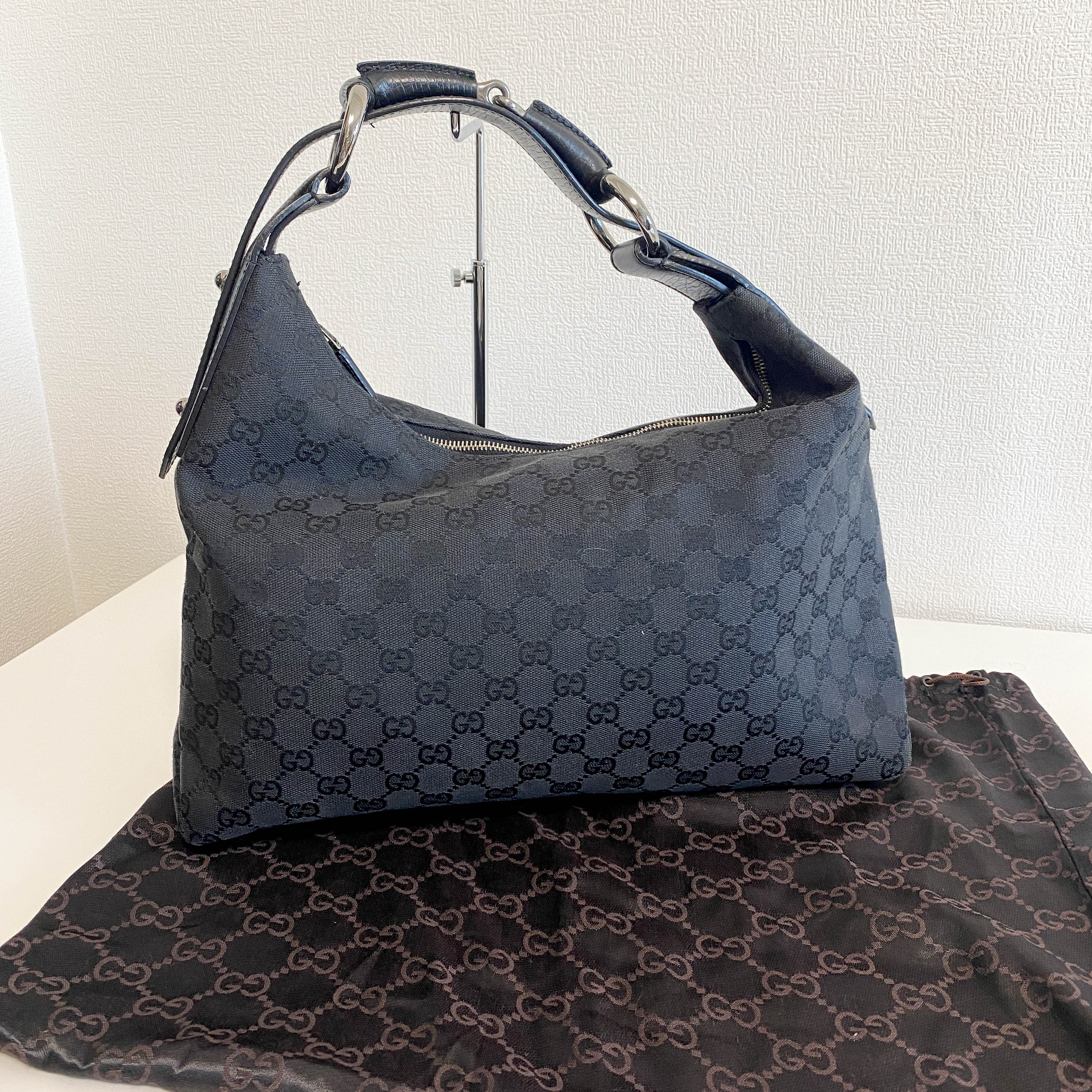 GG Canvas Hobo Black Horsebit Shoulder Bag