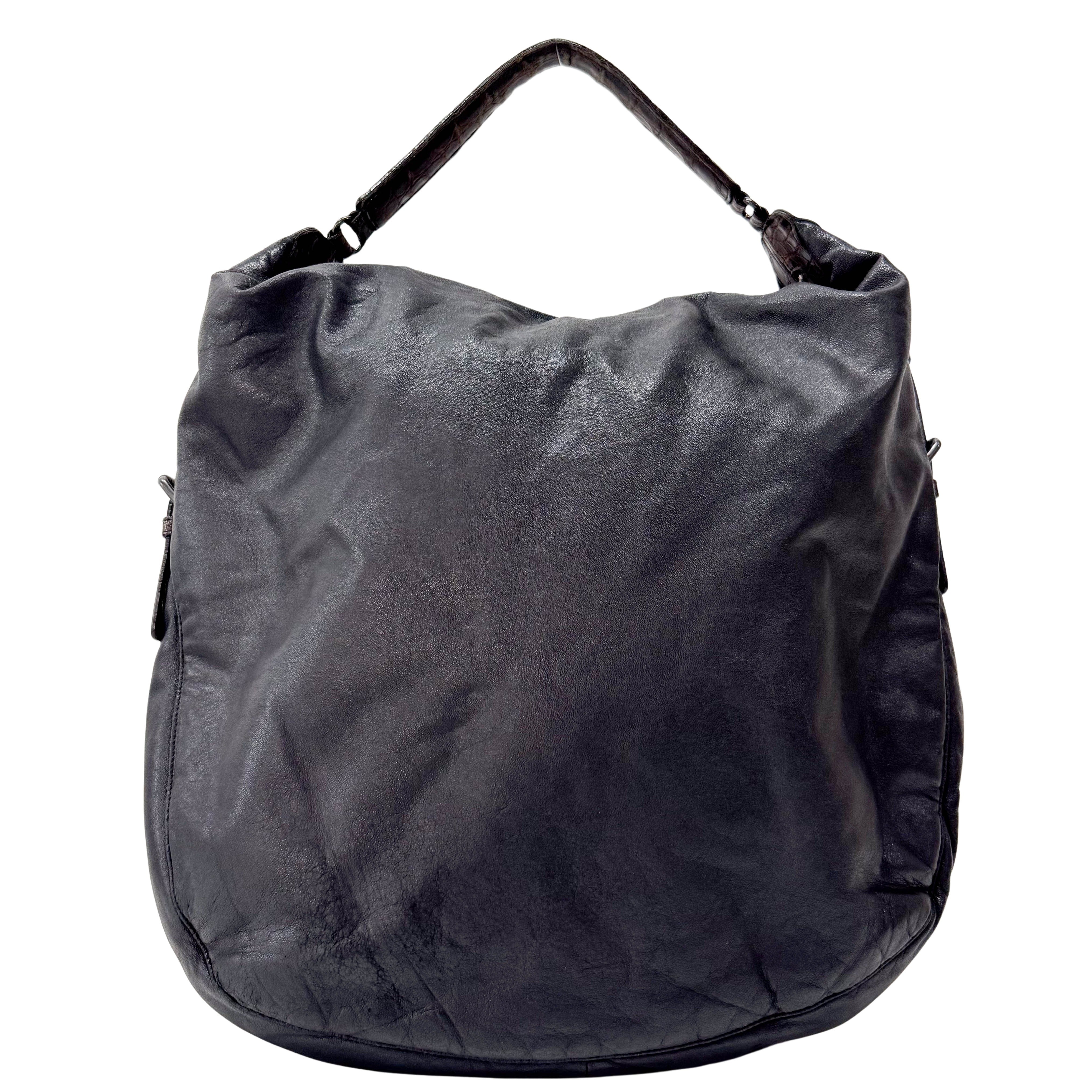 Black Leather Croc Tote Bag