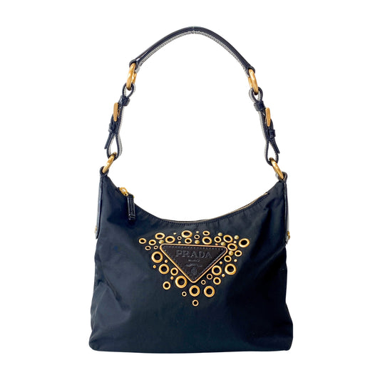 Black Nylon Triangle Plate Shoulder Bag