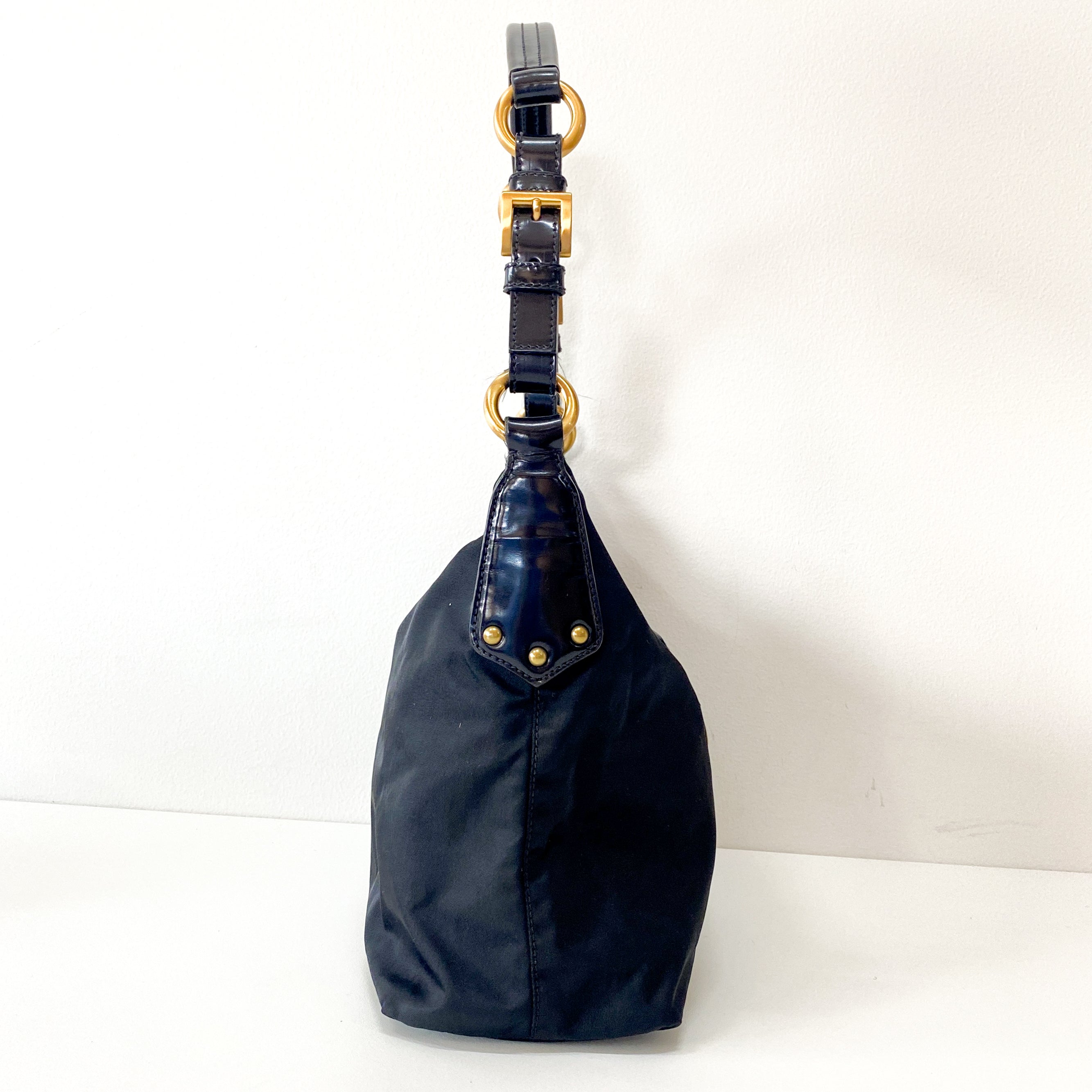 Black Nylon Triangle Plate Shoulder Bag