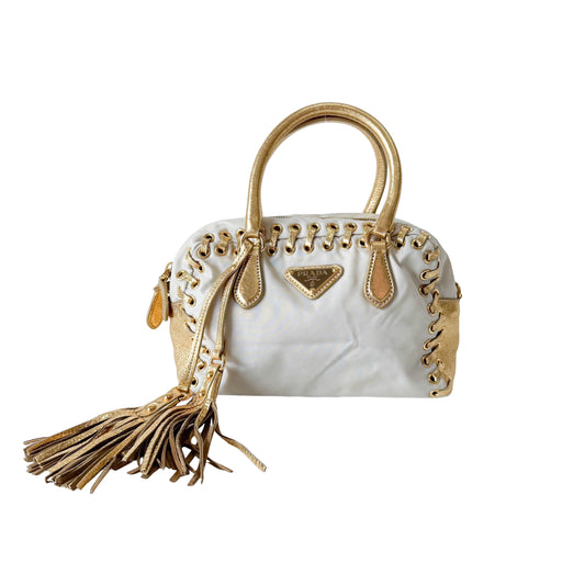 Bow Gold Leather and Nylon Hand Bag