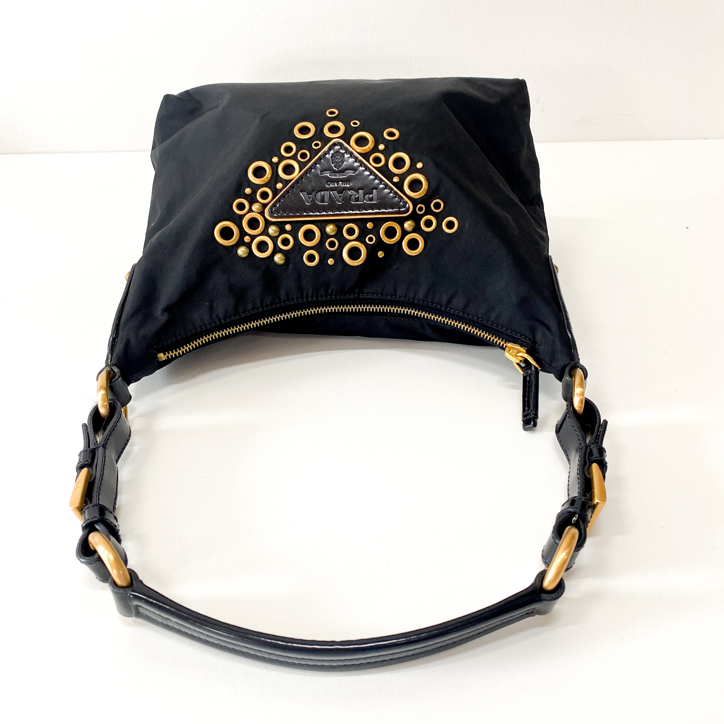 Black Nylon Triangle Plate Shoulder Bag